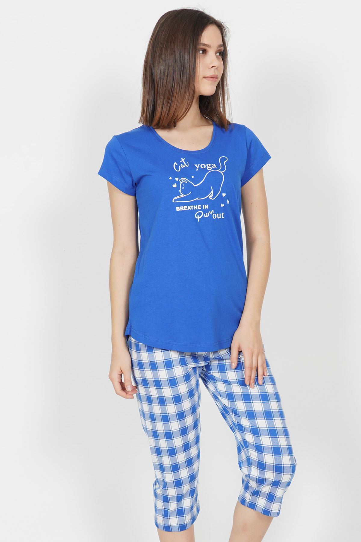 Pamuklu Kısa Kol Kaprili Pijama Takım
