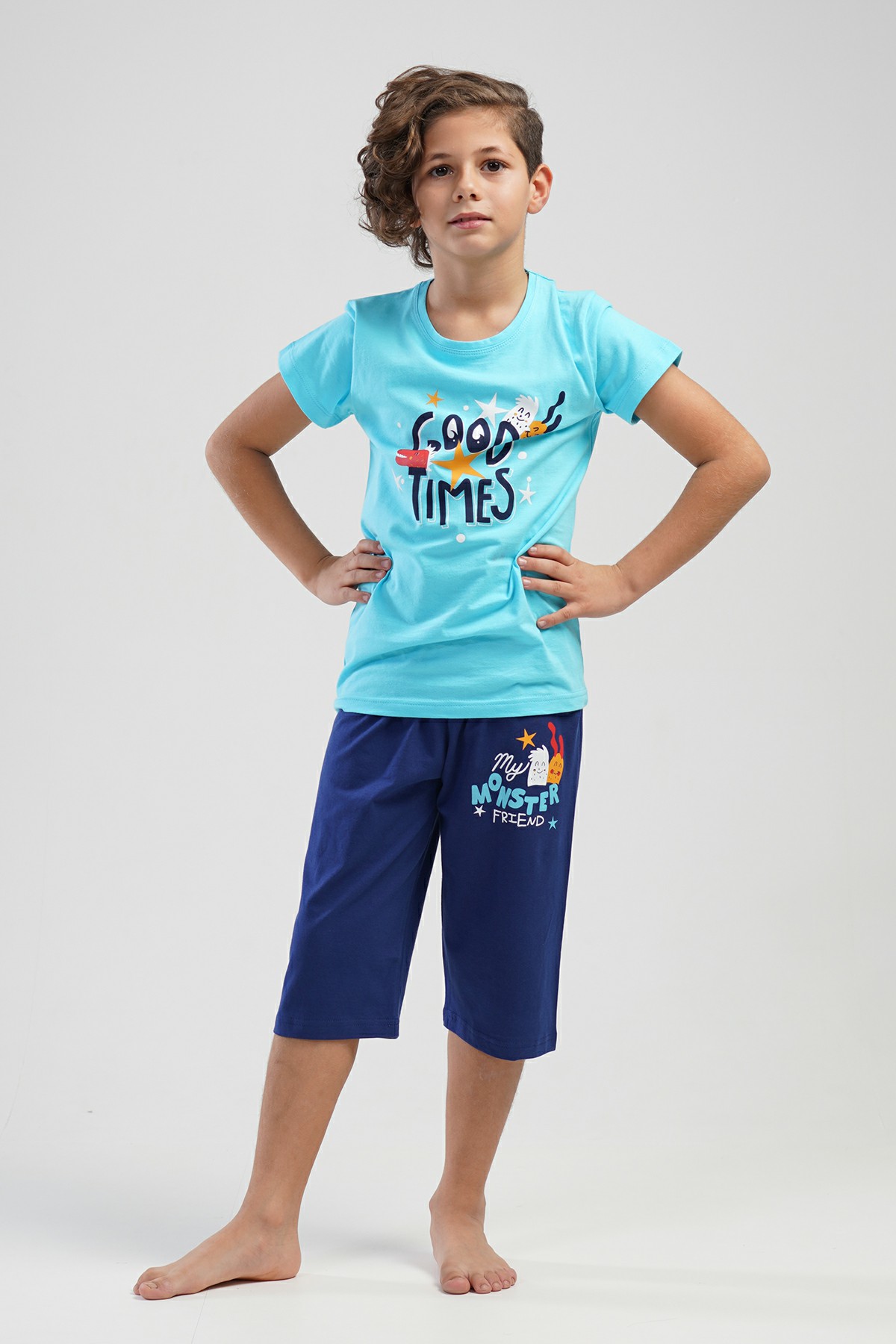 Pamuklu Erkek Çocuk Kısa Kol Kaprili Pijama Takım
