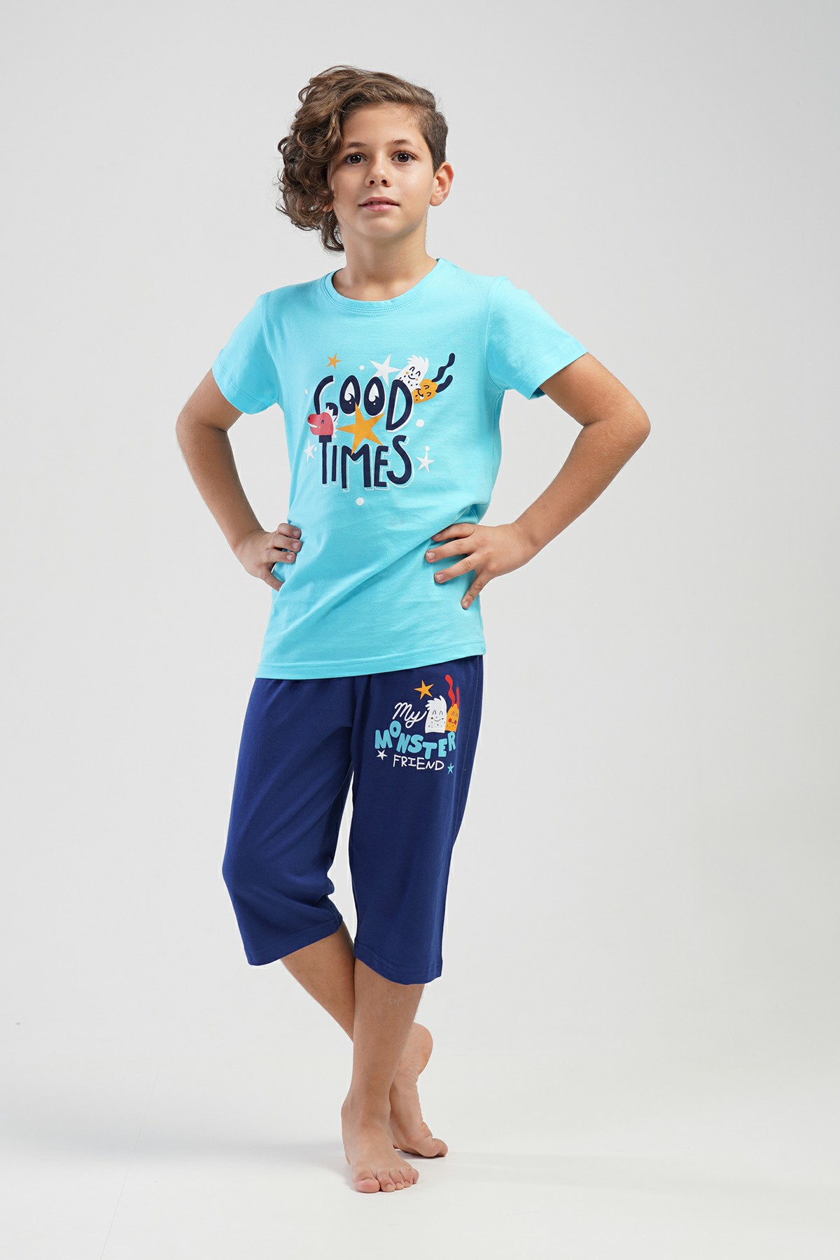 Pamuklu Erkek Çocuk Kısa Kol Kaprili Pijama Takım

