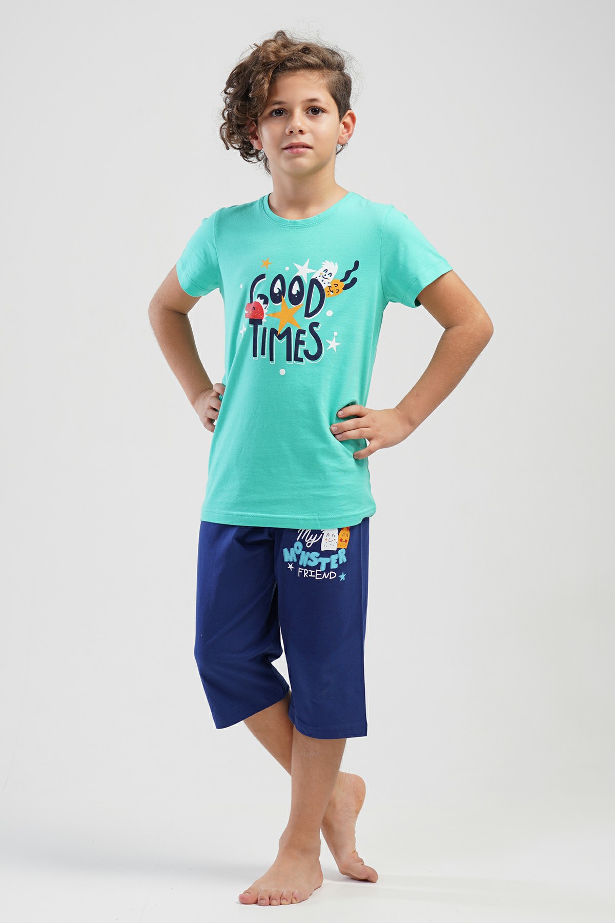 Pamuklu Erkek Çocuk Kısa Kol Kaprili Pijama Takım
