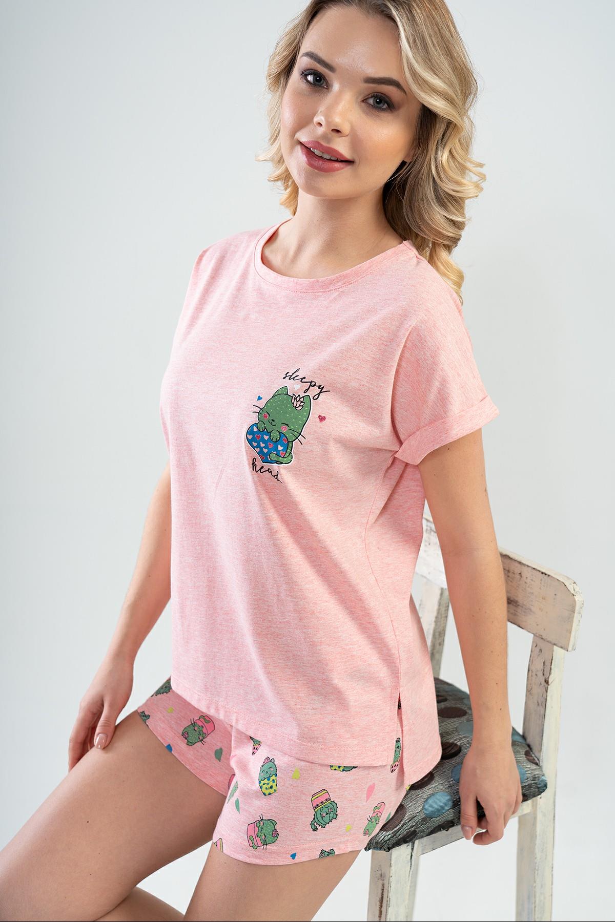 Kadın Düşük Omuzlu Double Kısa Kol Yırtmaclı Şortlu Pijama Takım
