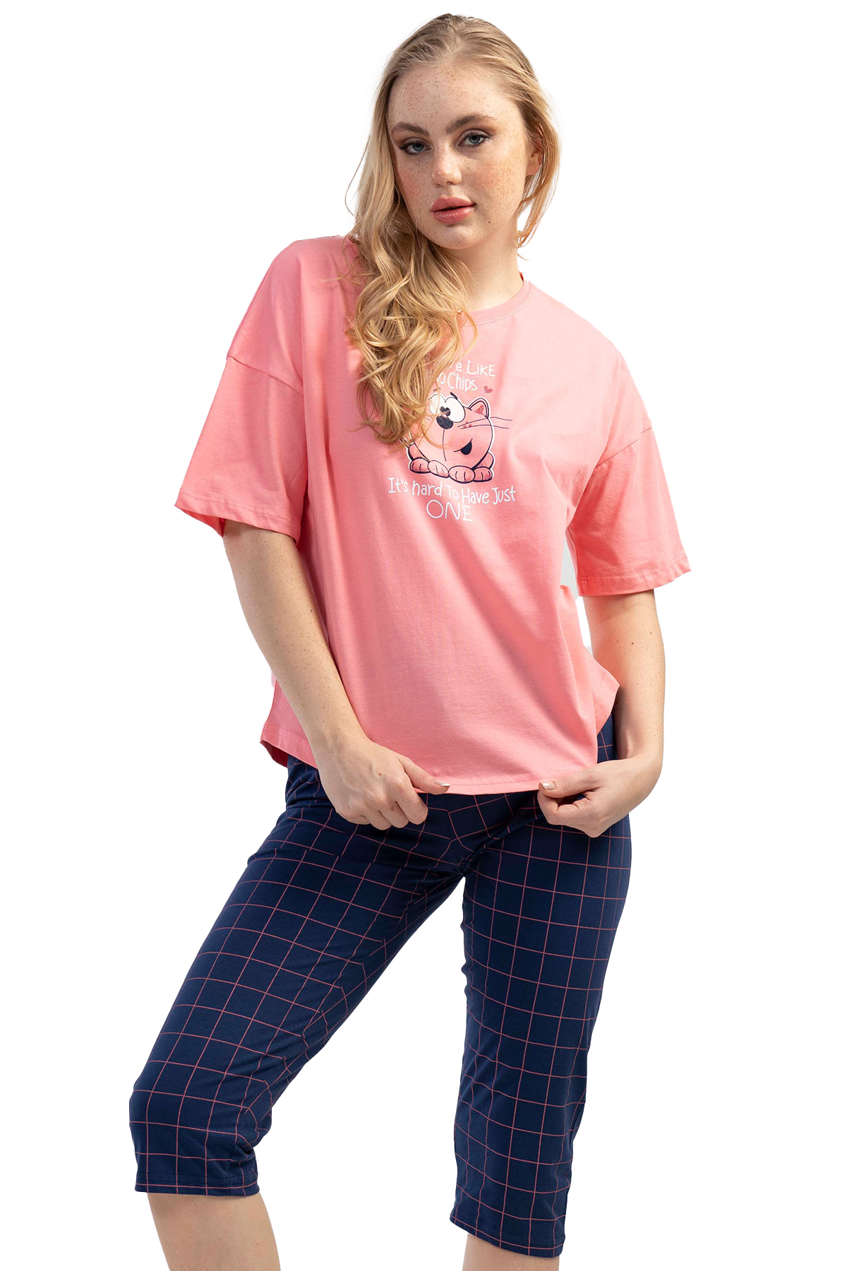 Pamuklu Düşük Omuzlu Kısa Kol Kaprili Pijama Takım
