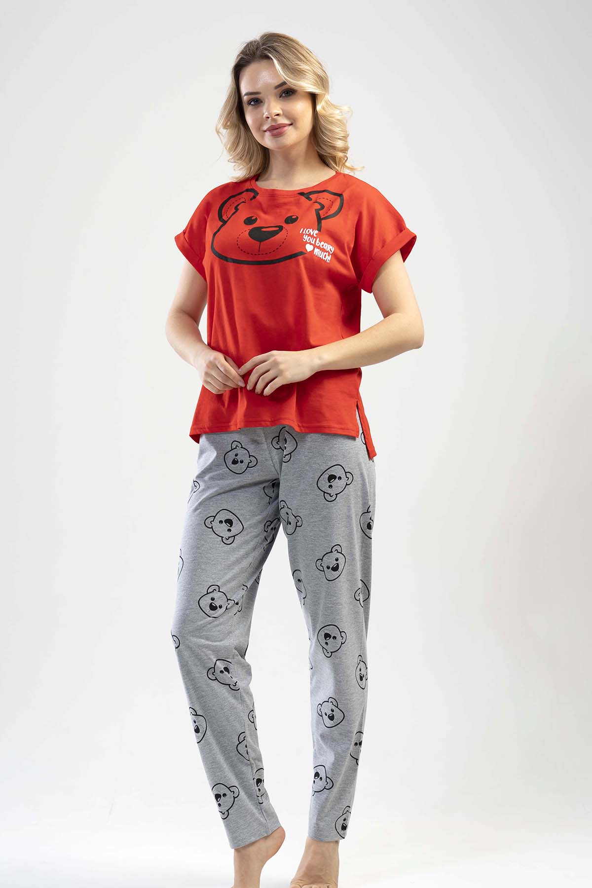 Düşük Omuzlu Double Kısa Kol Yırtmaclı Pijama Takım
