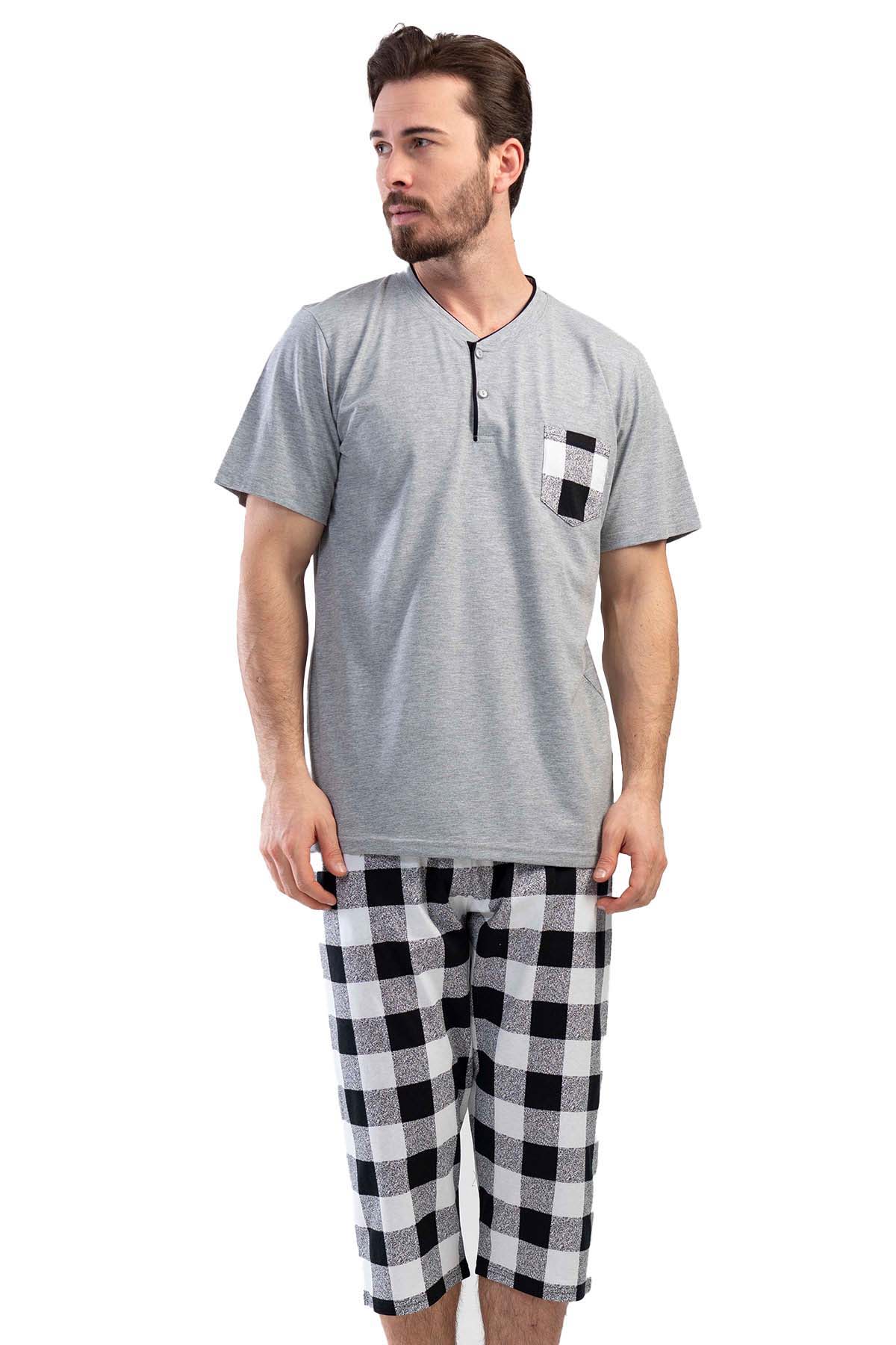 Pamuklu Erkek Kısa Kol Kaprili Pijama Takım
