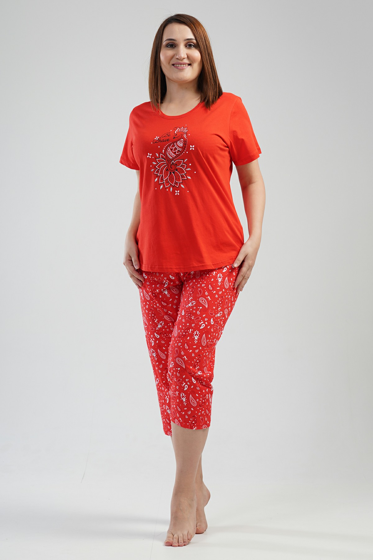 Pamuklu Kadın Büyük Beden Kısa Kol Kaprili Pijama Takım
