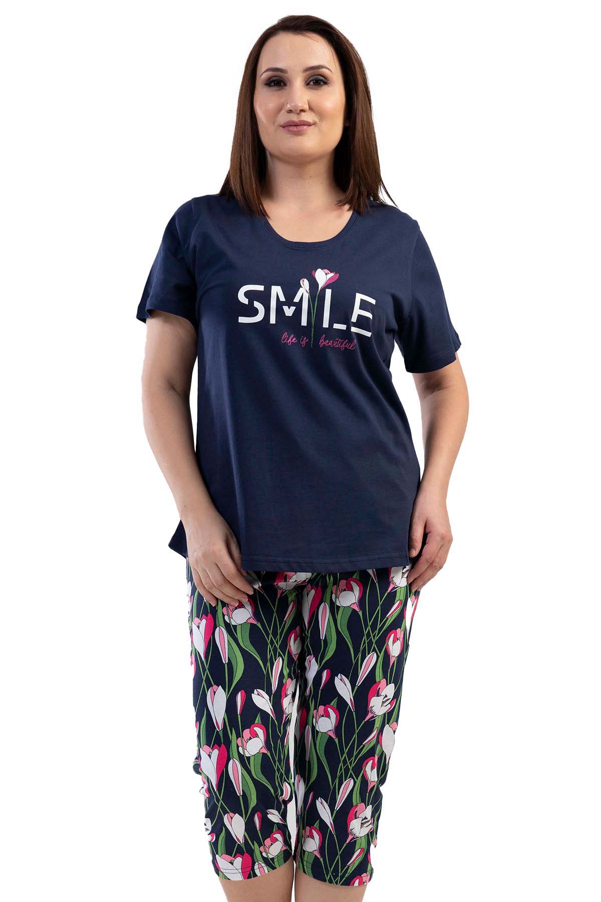 Pamuklu Büyük Beden Kısa Kol Kaprili Pijama Takım
