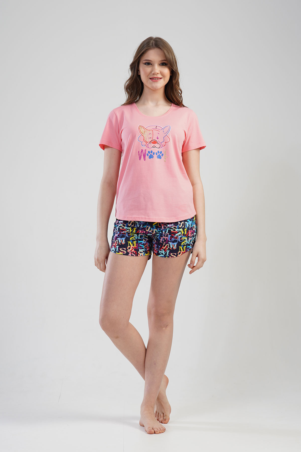 Pamuklu Kadın Kısa Kol Etegi Şortlu Pijama Takım
