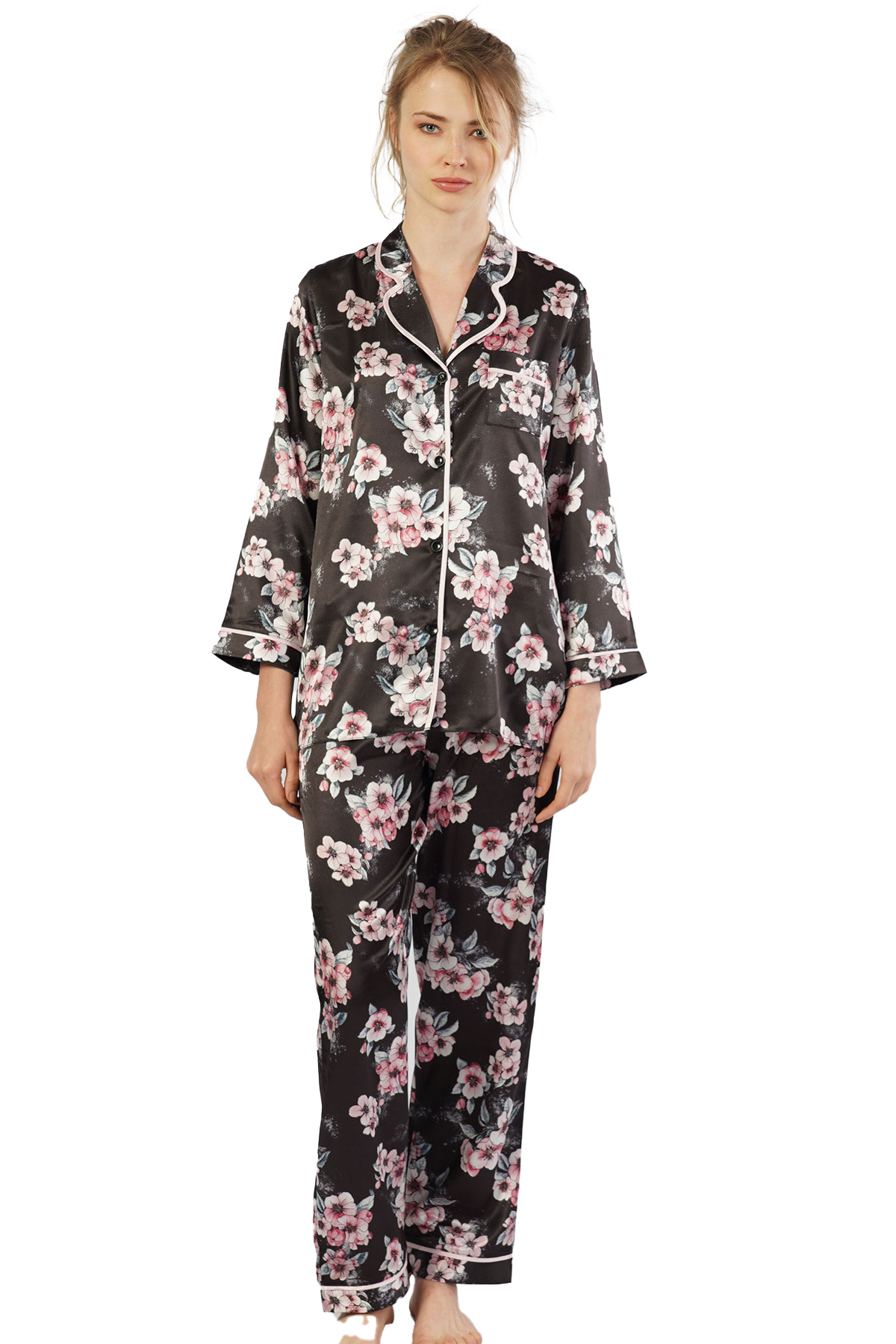 Saten Komple Düğmeli Uzun Kol Pijama Takım
