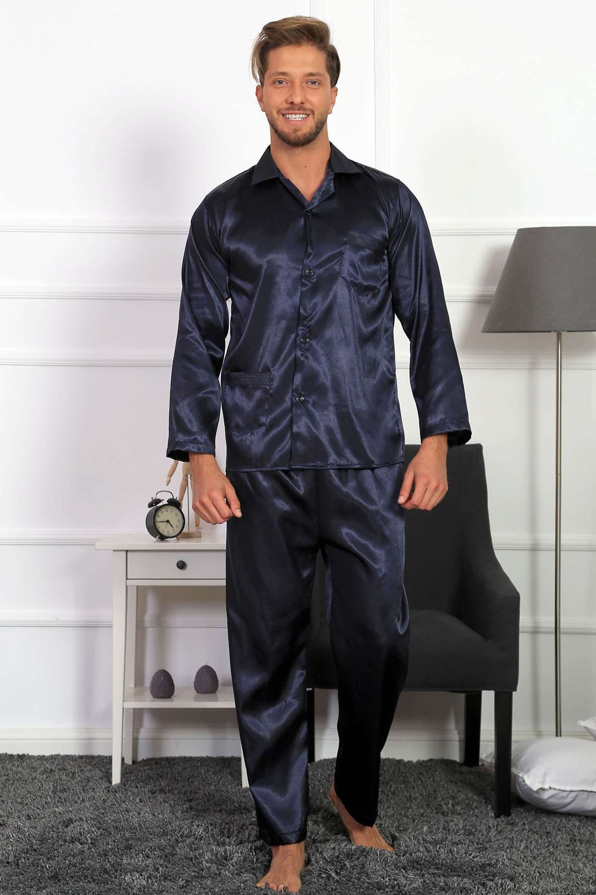 Saten Erkek Komple Düğmeli Pijama Takım
