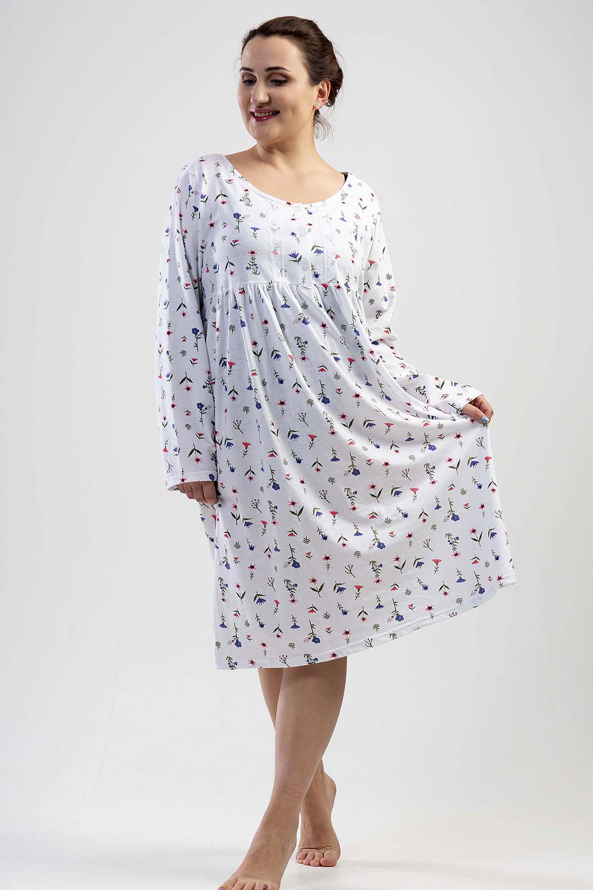 Pamuklu Babaanne Uzun Kol Kısa Büyük Beden Gecelik
