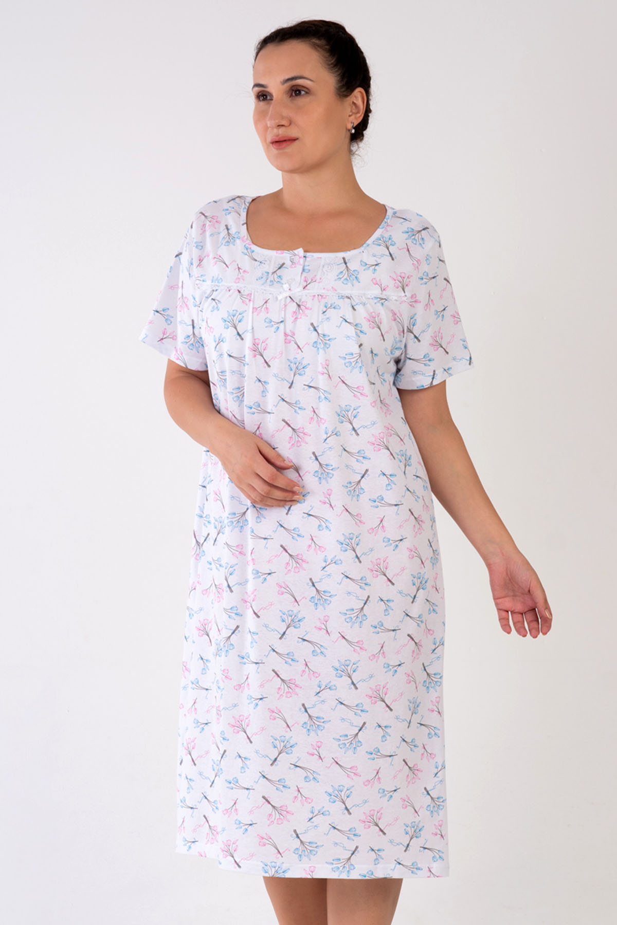 Pamuklu Kadın Kısa Kol Büyük Beden Kısa Boy Gecelik
