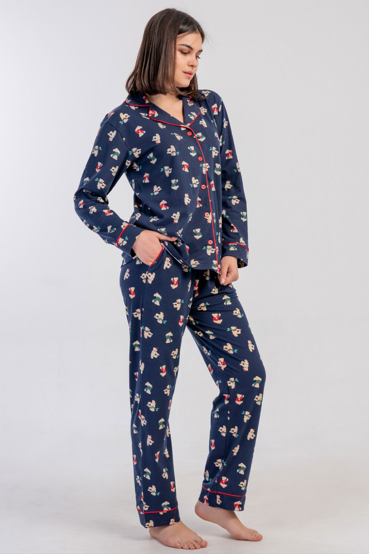 Kadın Tamamı Düğmeli Uzun Kol Pijama Takım
