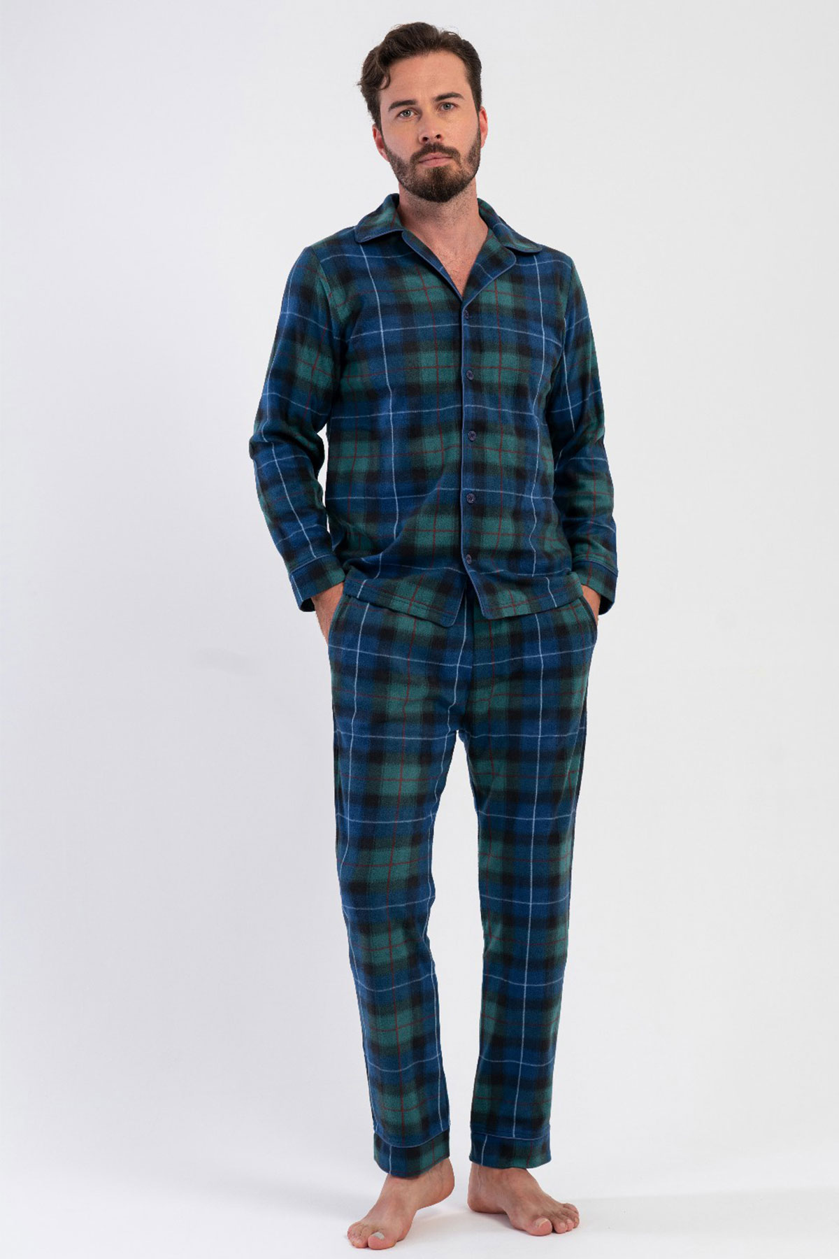 Erkek Polar Tamamı Düğmeli Uzun Kol Pijama Takım
