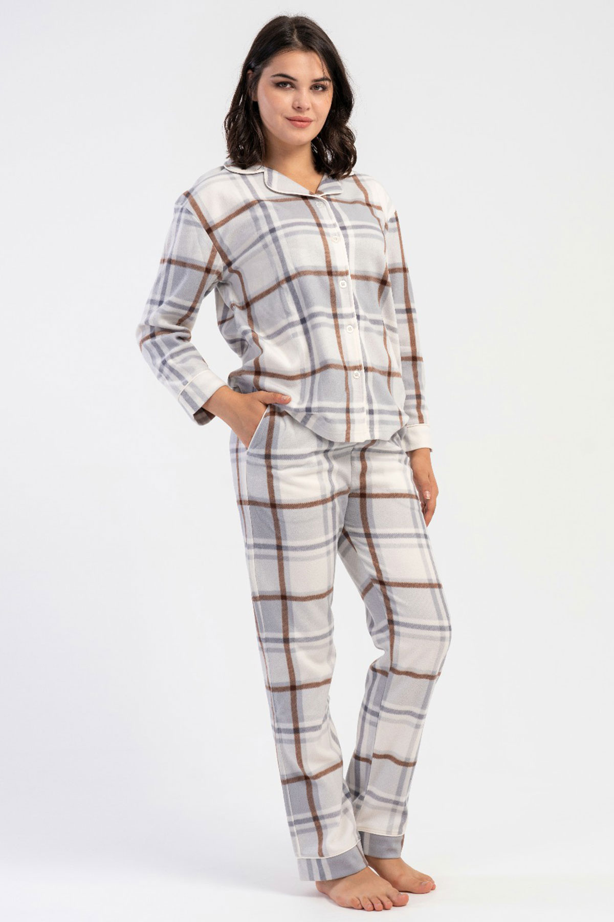 Kadın Polar Tamamı Düğmeli Uzun Kol Pijama Takım
