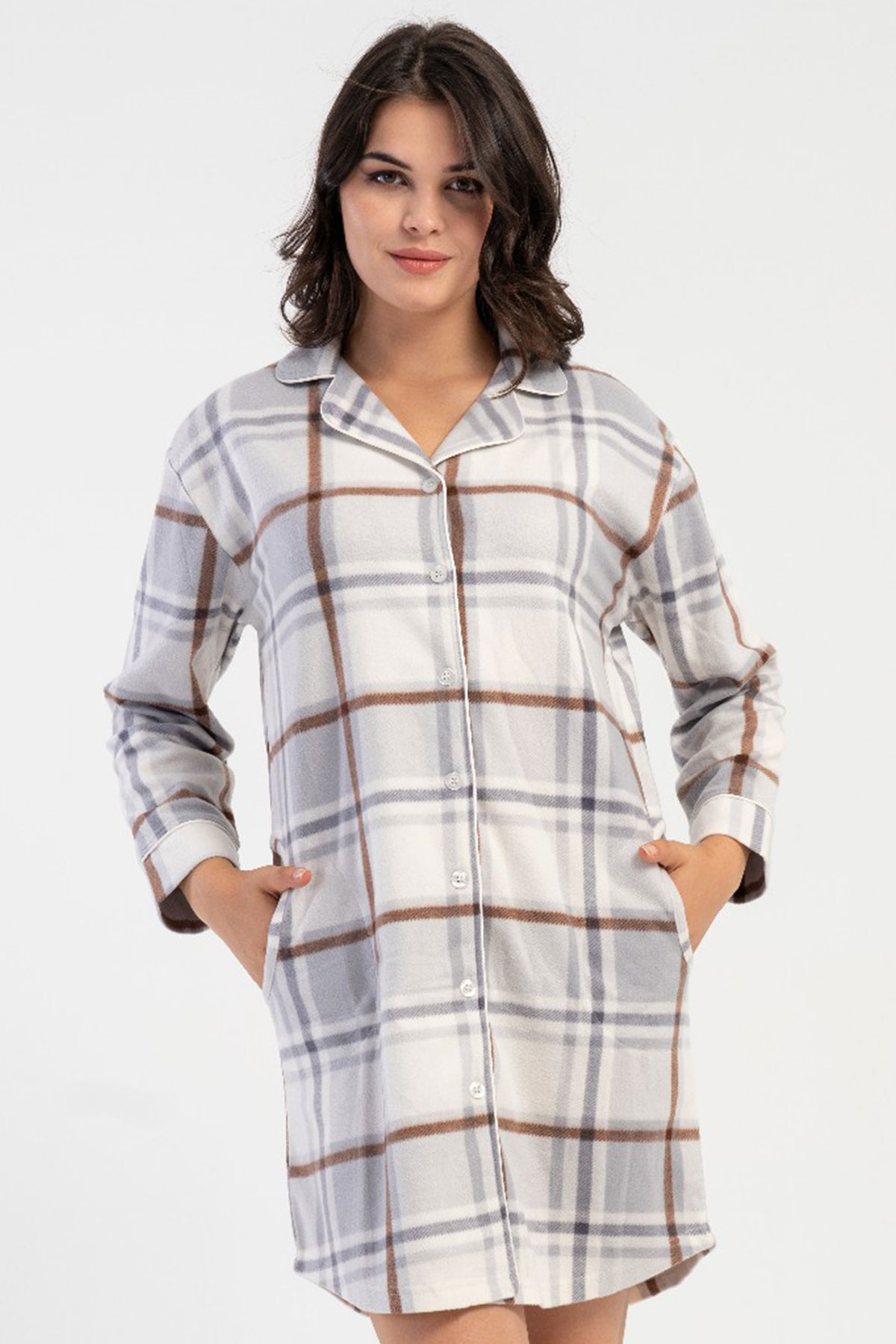 Kadın Polar Tamamı Düğmeli Uzun Kol Gecelik
