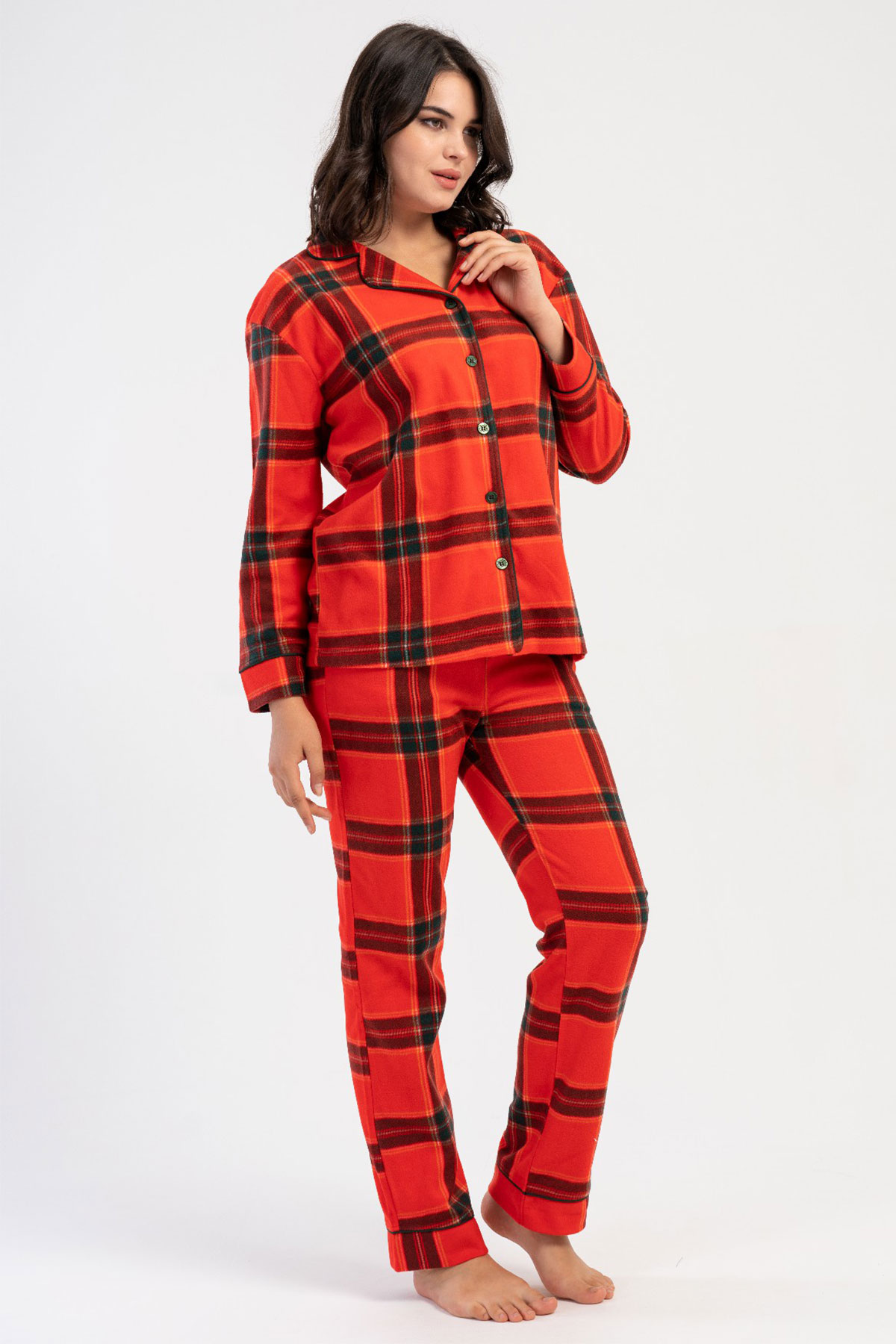 Kadın Polar Tamamı Düğmeli Uzun Kol Pijama Takım
