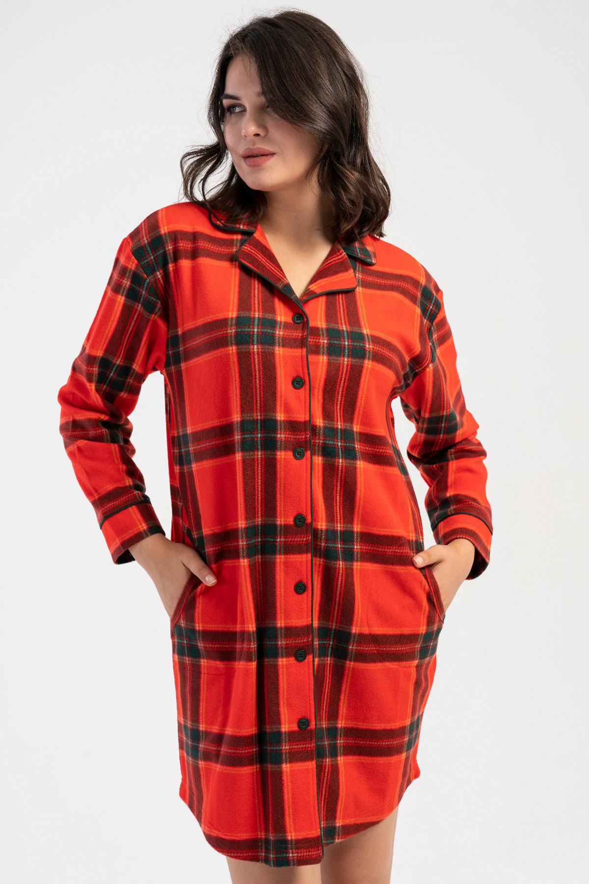 Kadın Polar Tamamı Düğmeli Uzun Kol Gecelik
