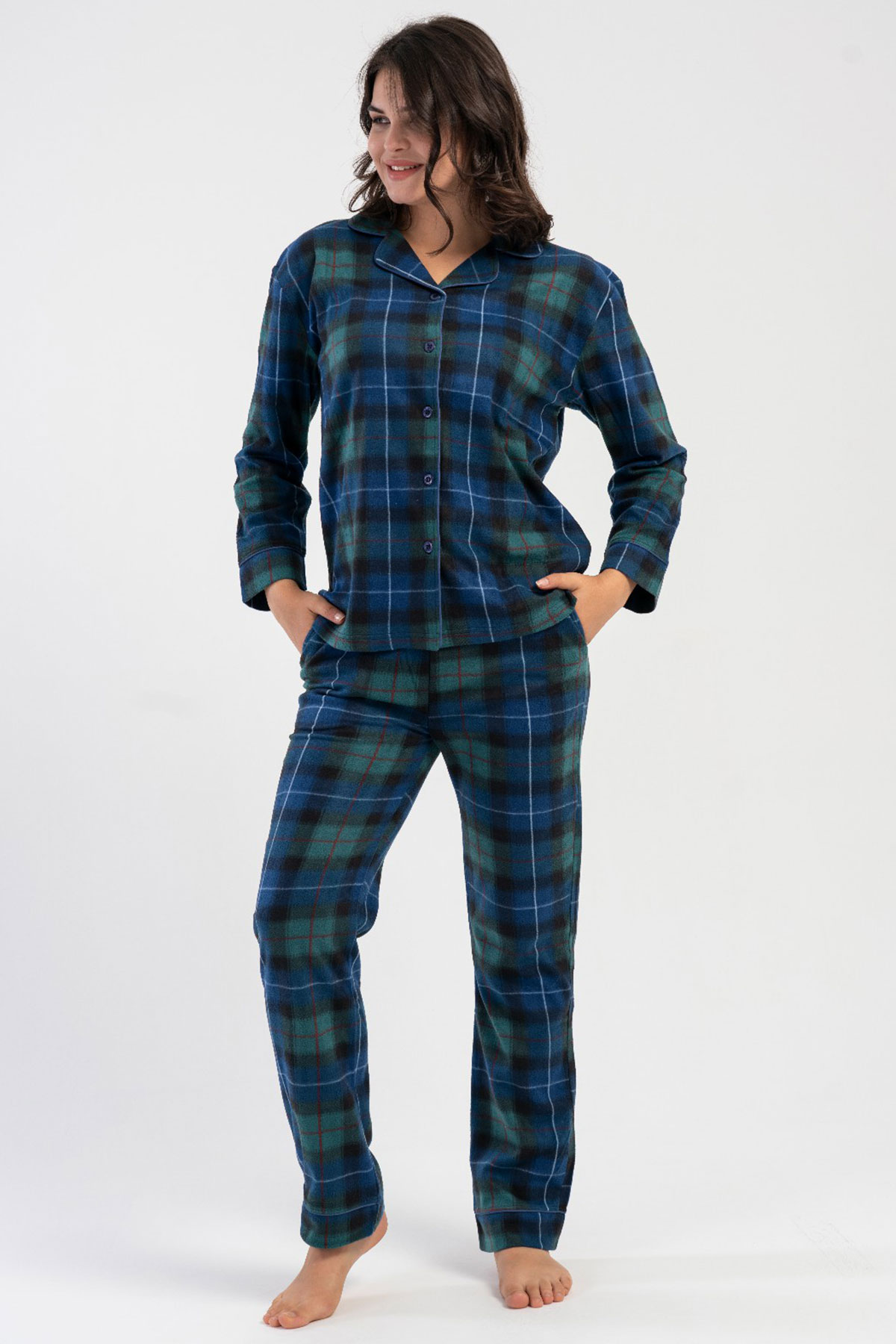 Kadın Polar Tamamı Düğmeli Uzun Kol Pijama Takım
