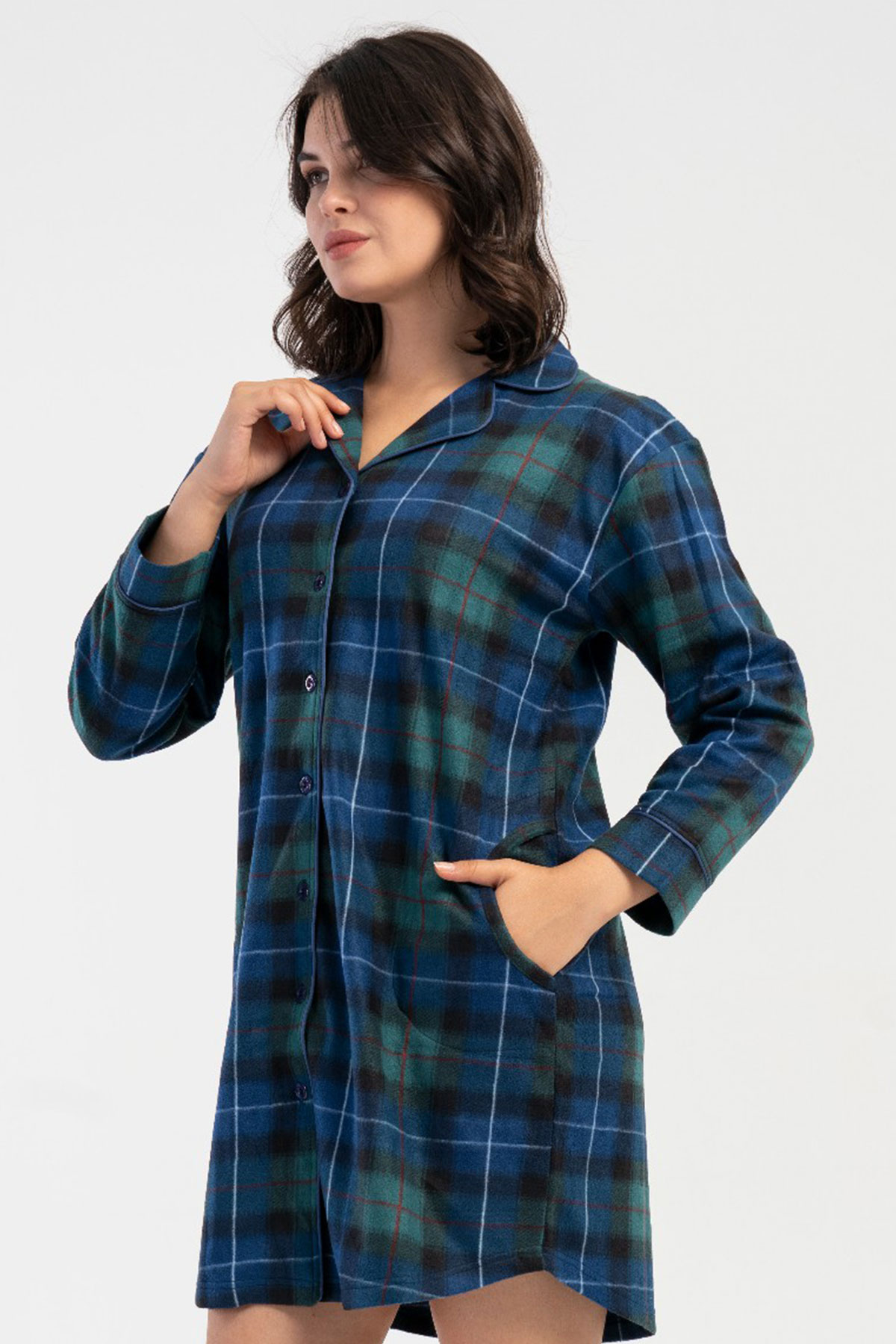 Kadın Polar Tamamı Düğmeli Uzun Kol Gecelik
