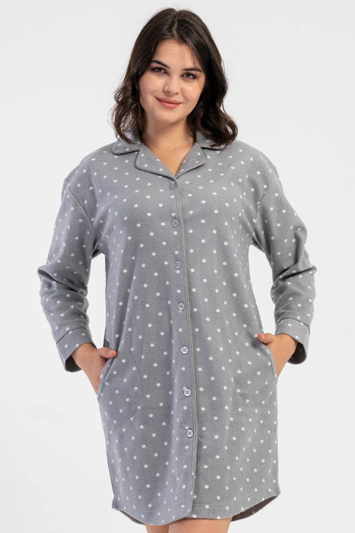 Kadın Polar Tamamı Düğmeli Uzun Kol Gecelik
