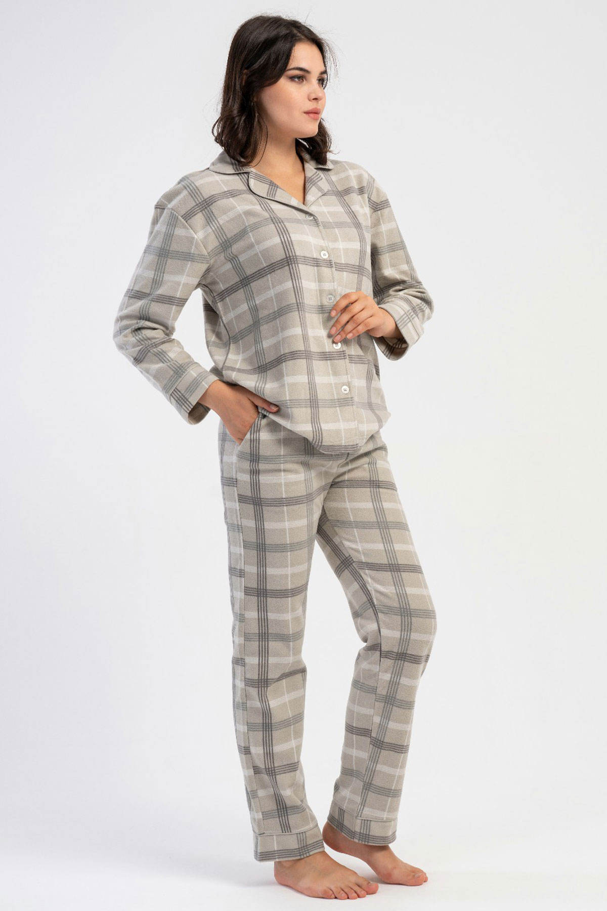 Kadın Polar Tamamı Düğmeli Uzun Kol Pijama Takım
