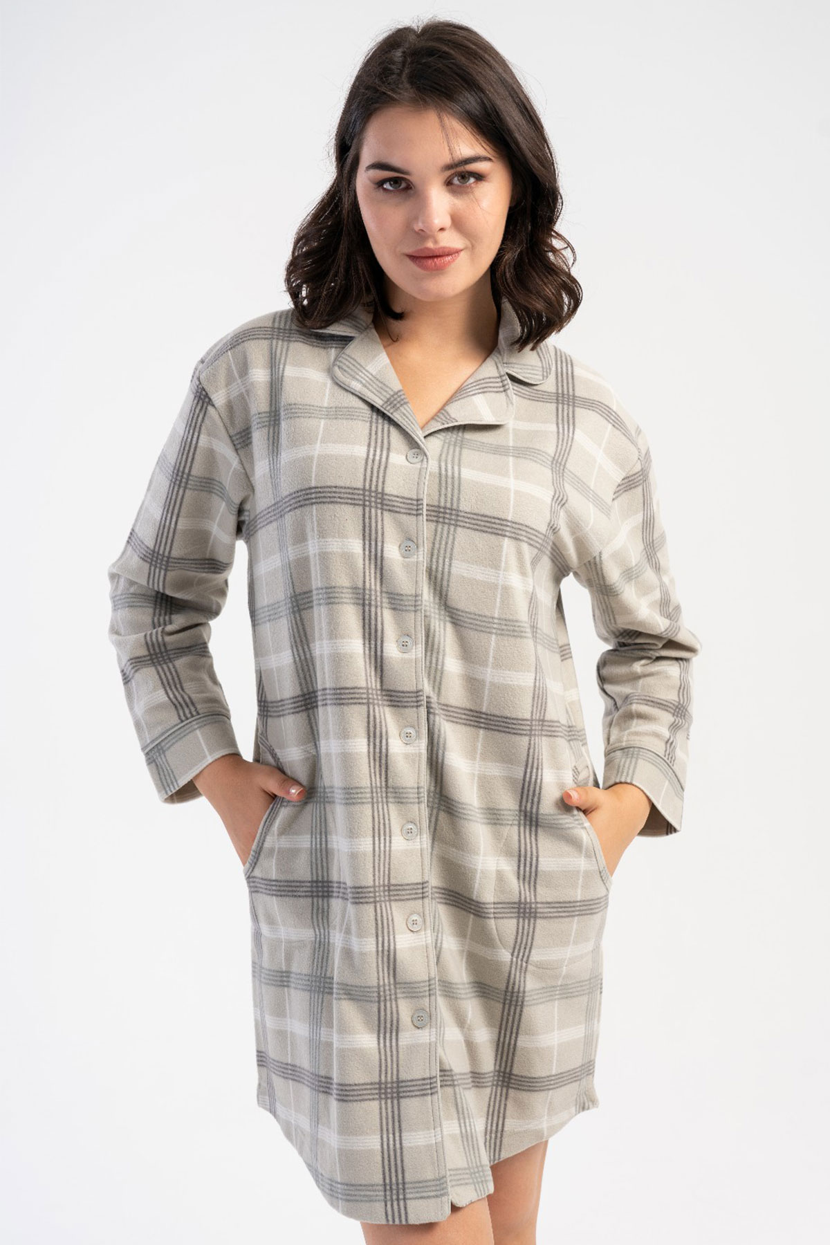 Kadın Polar Tamamı Düğmeli Uzun Kol Gecelik
