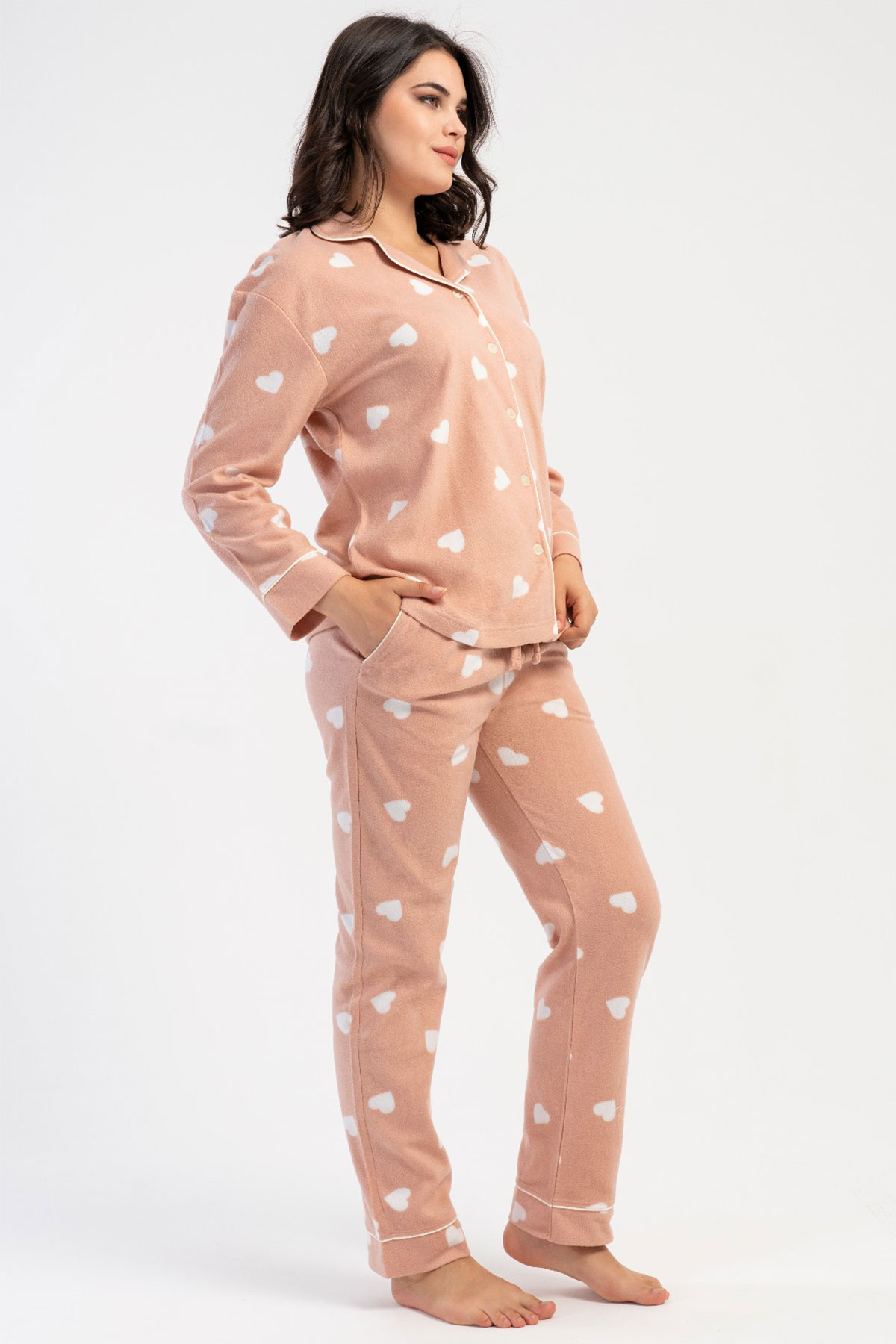 Kadın Polar Tamamı Düğmeli Uzun Kol Pijama Takım
