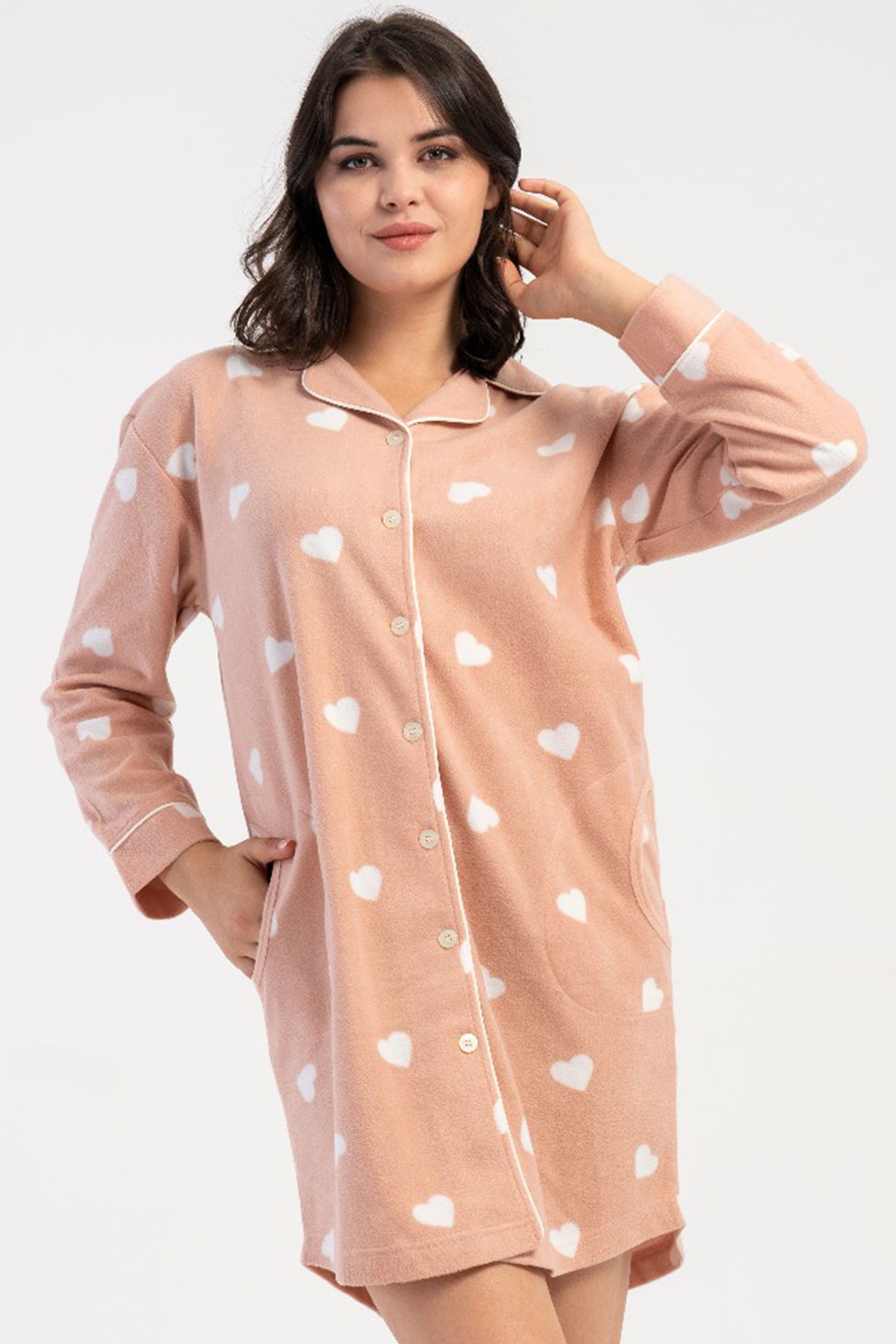 Kadın Polar Tamamı Düğmeli Uzun Kol Gecelik
