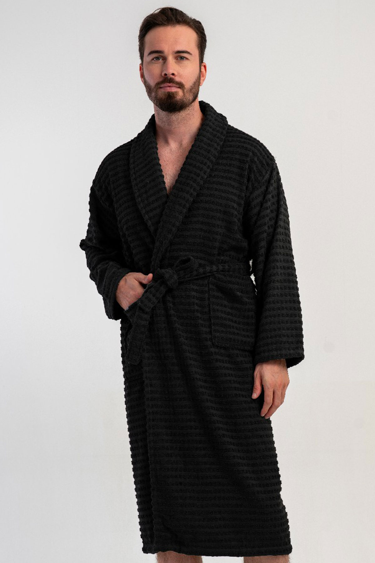 Pamuklu Erkek Havlu Bukle Sal Yaka Uzun Kol Uzun Bornoz
