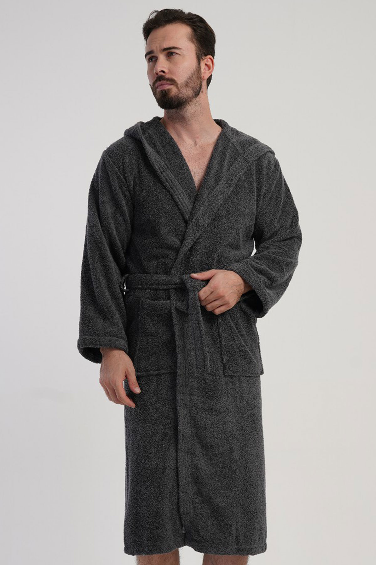 Pamuklu Erkek Havlu Bukle Kapsonlu Uzun Kol Uzun Bornoz
