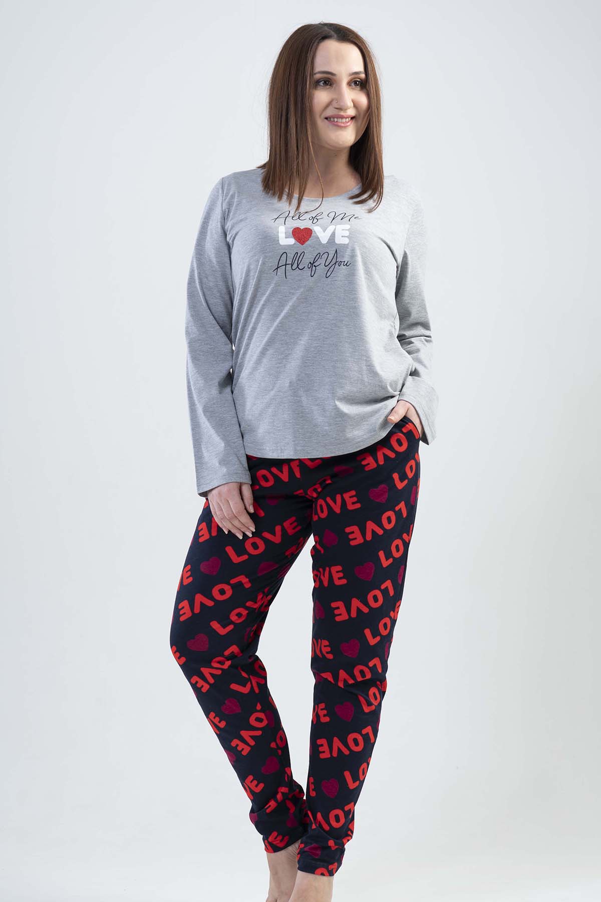 Pamuklu Büyük Beden Uzun Kol Pijama Takım

