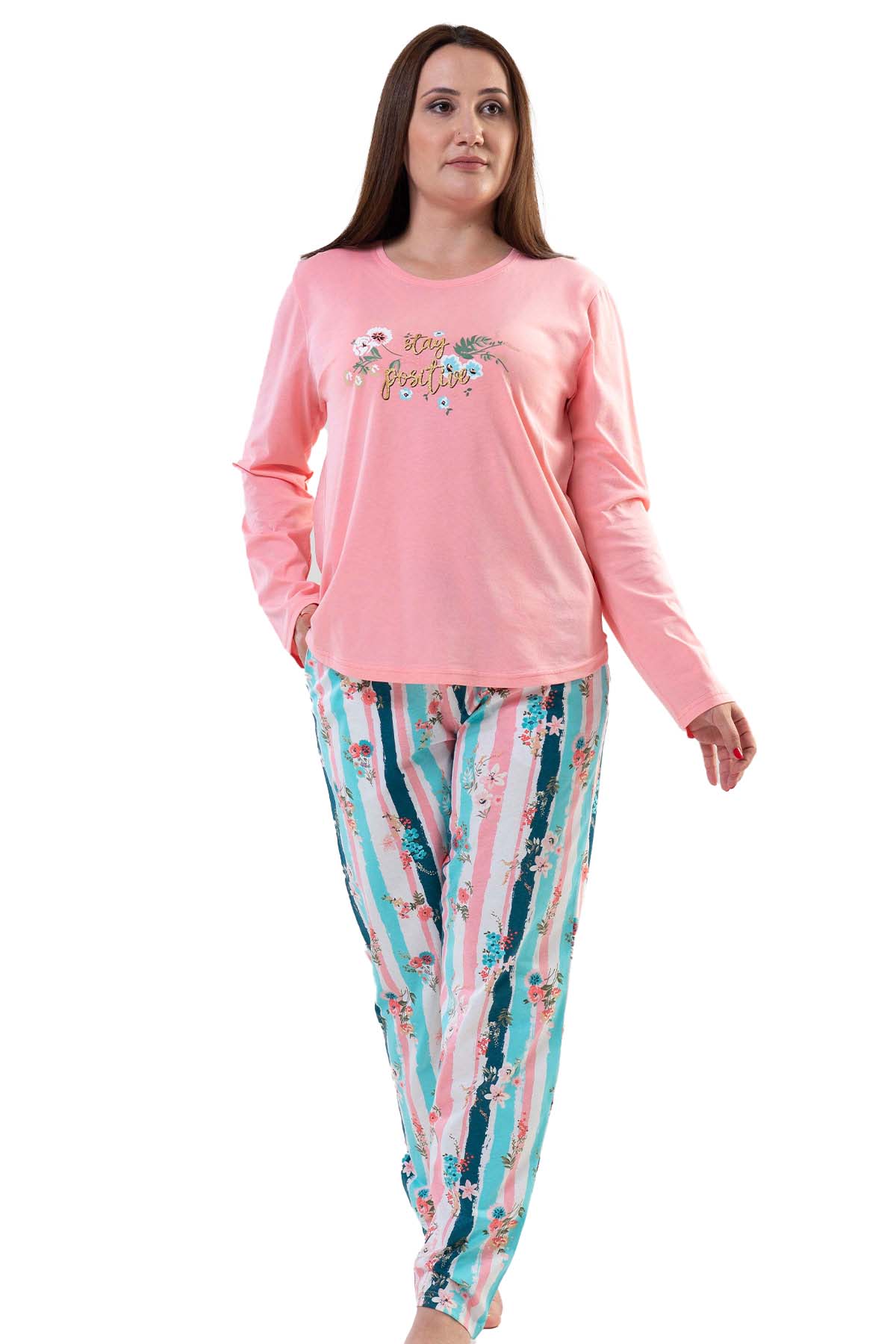 Pamuklu Büyük Beden Uzun Kol Pijama Takım
