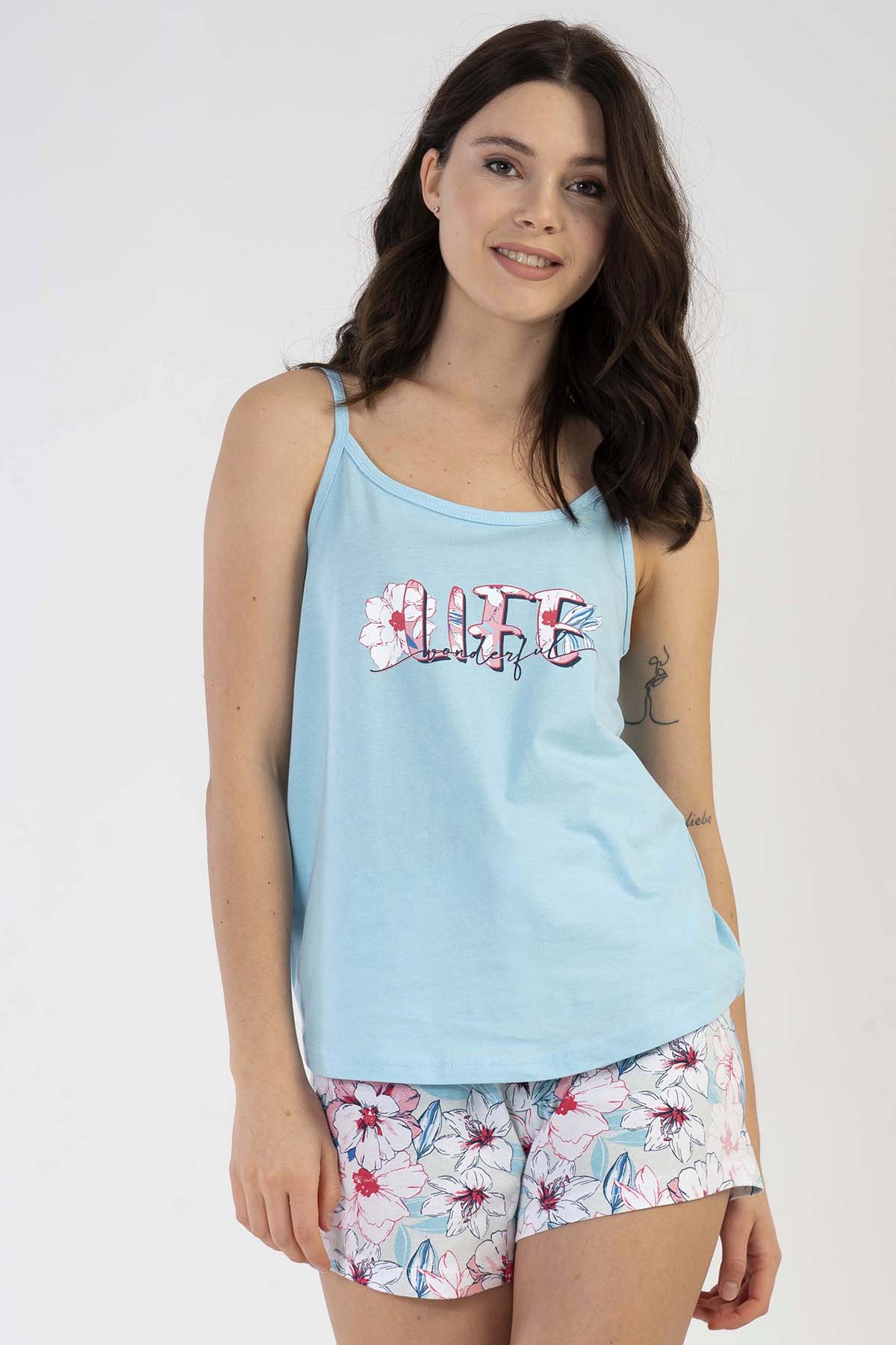 Pamuklu Kadın Ip Askılı Şortlu Pijama Takım
