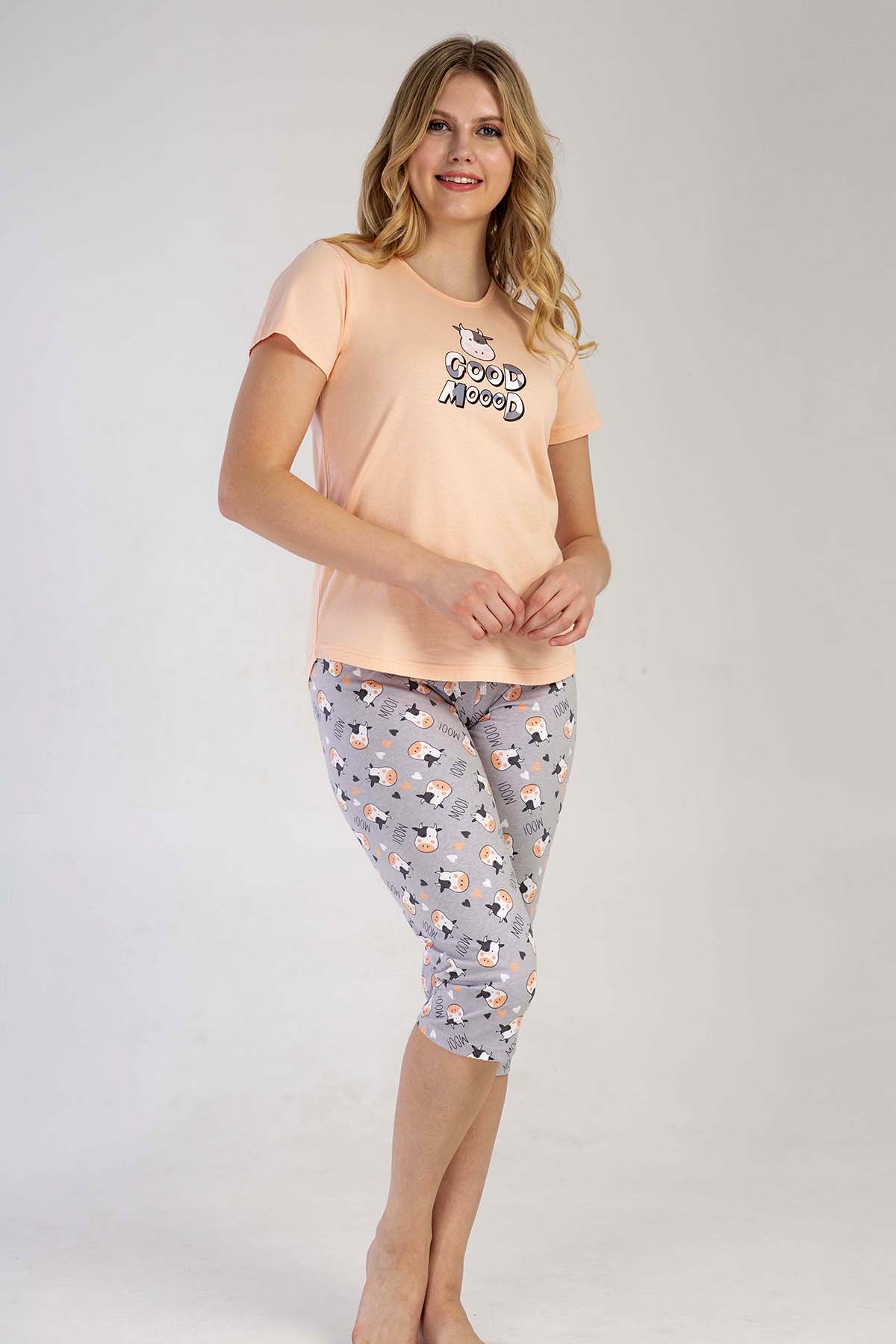 Pamuklu Kadın Kısa Kol Kaprili Pijama Takım
