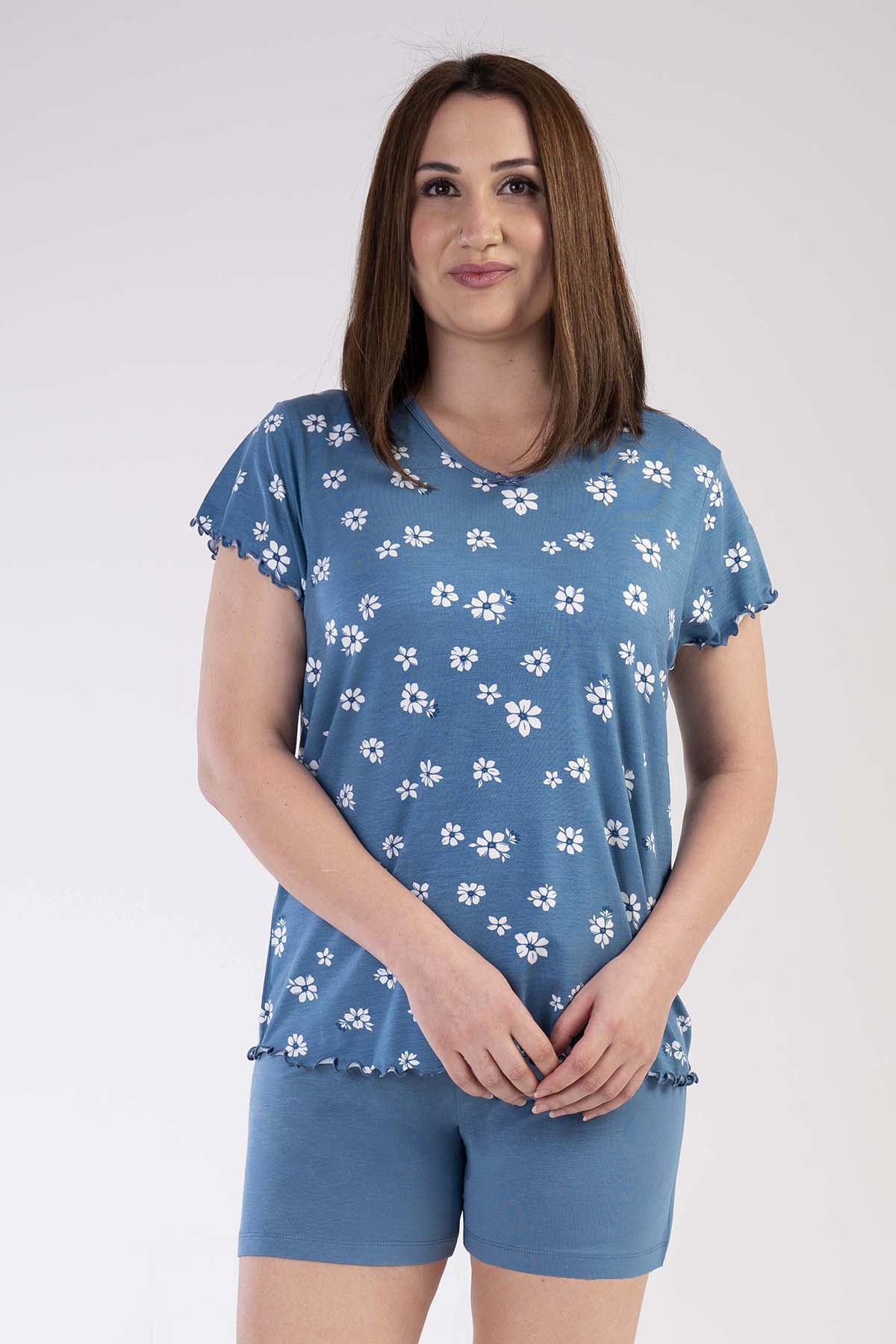 Kadın Vıscon Büyük Beden V Yaka Kısa Kol Şortlu Pijama Takım
