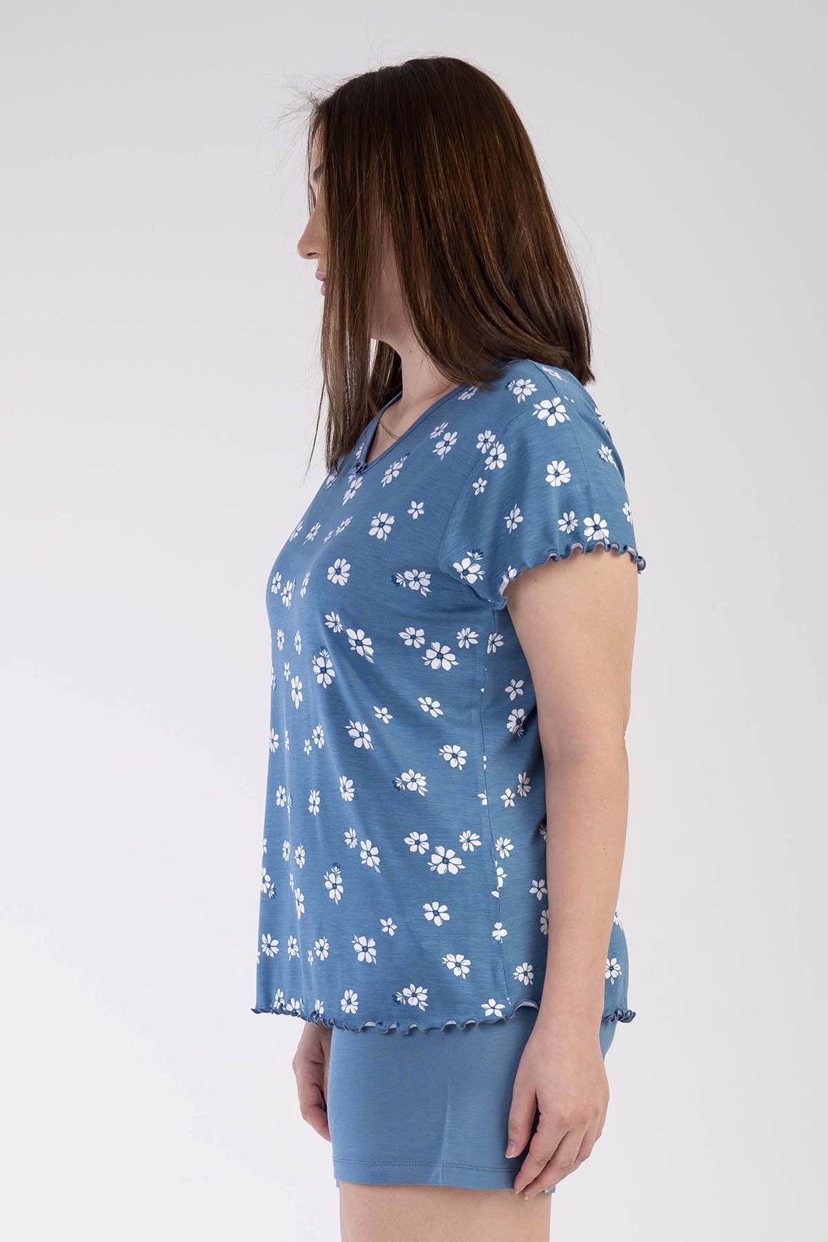 Kadın Vıscon Büyük Beden V Yaka Kısa Kol Şortlu Pijama Takım
