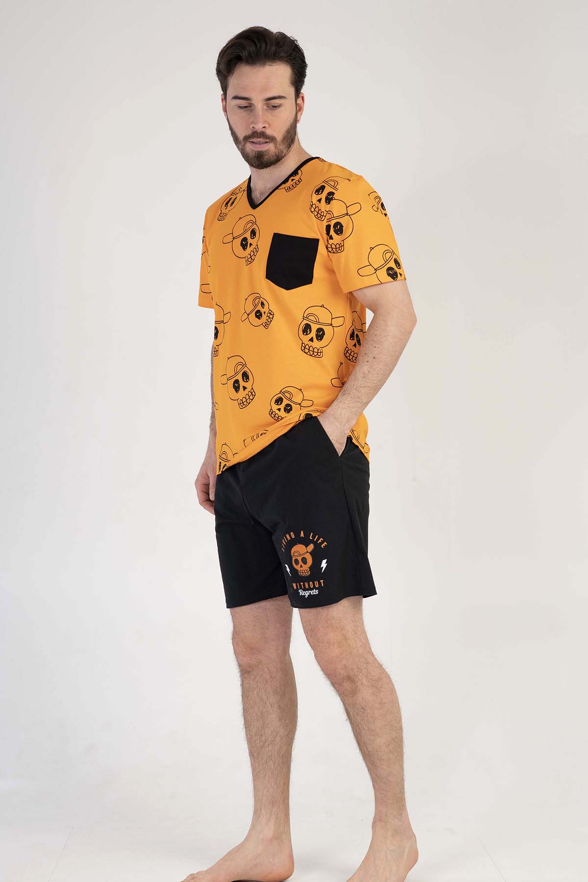 Pamuklu Erkek V Yaka Kısa Kol Şortlu Pijama Takım
