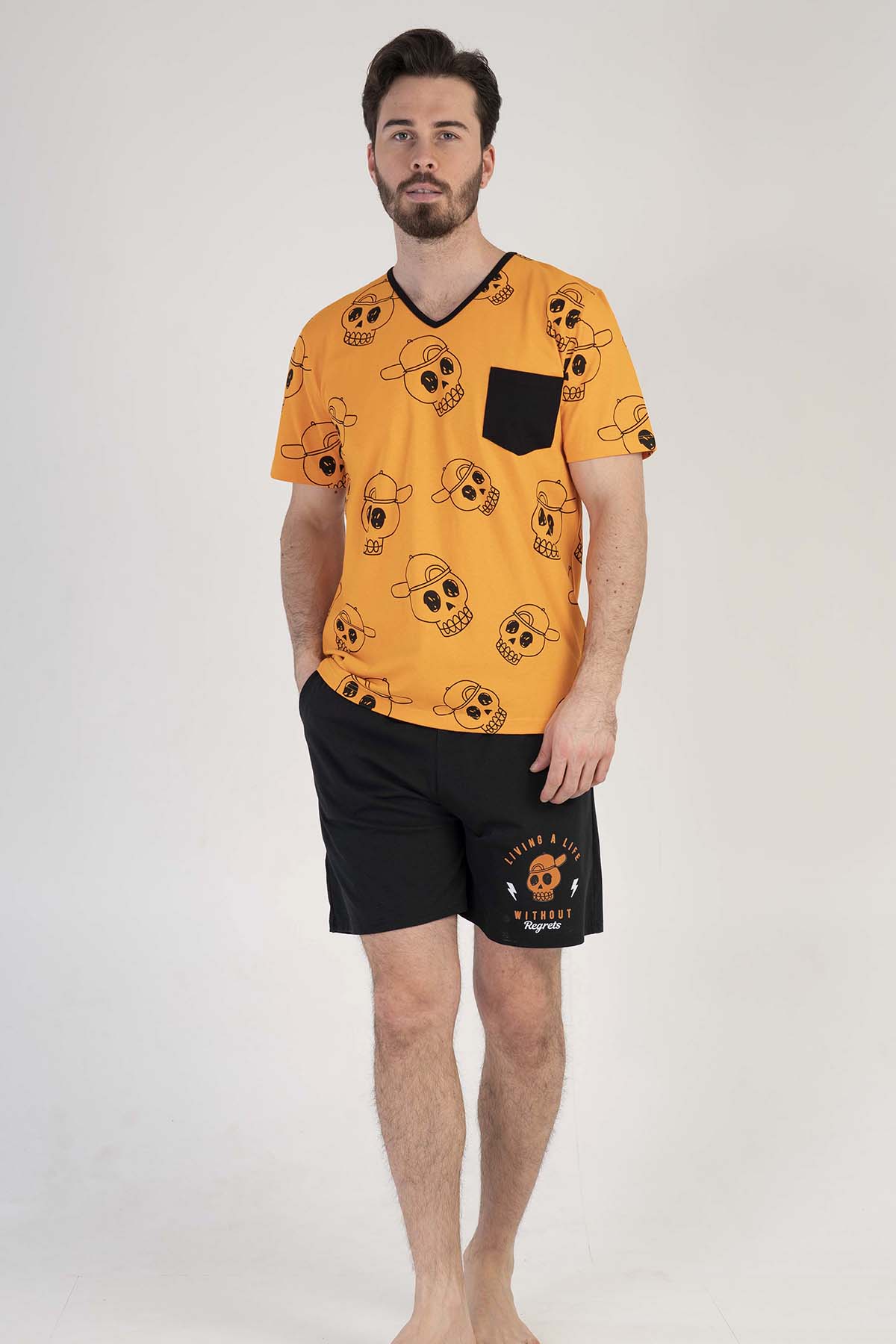 Pamuklu Erkek V Yaka Kısa Kol Şortlu Pijama Takım
