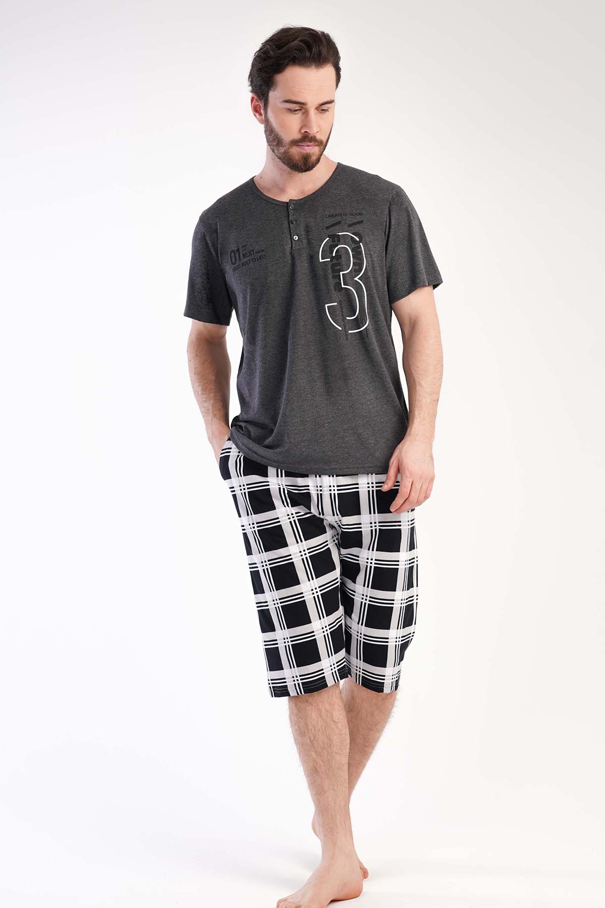Erkek Büyük Beden Kısa Kol Kaprili Pijama Takım
