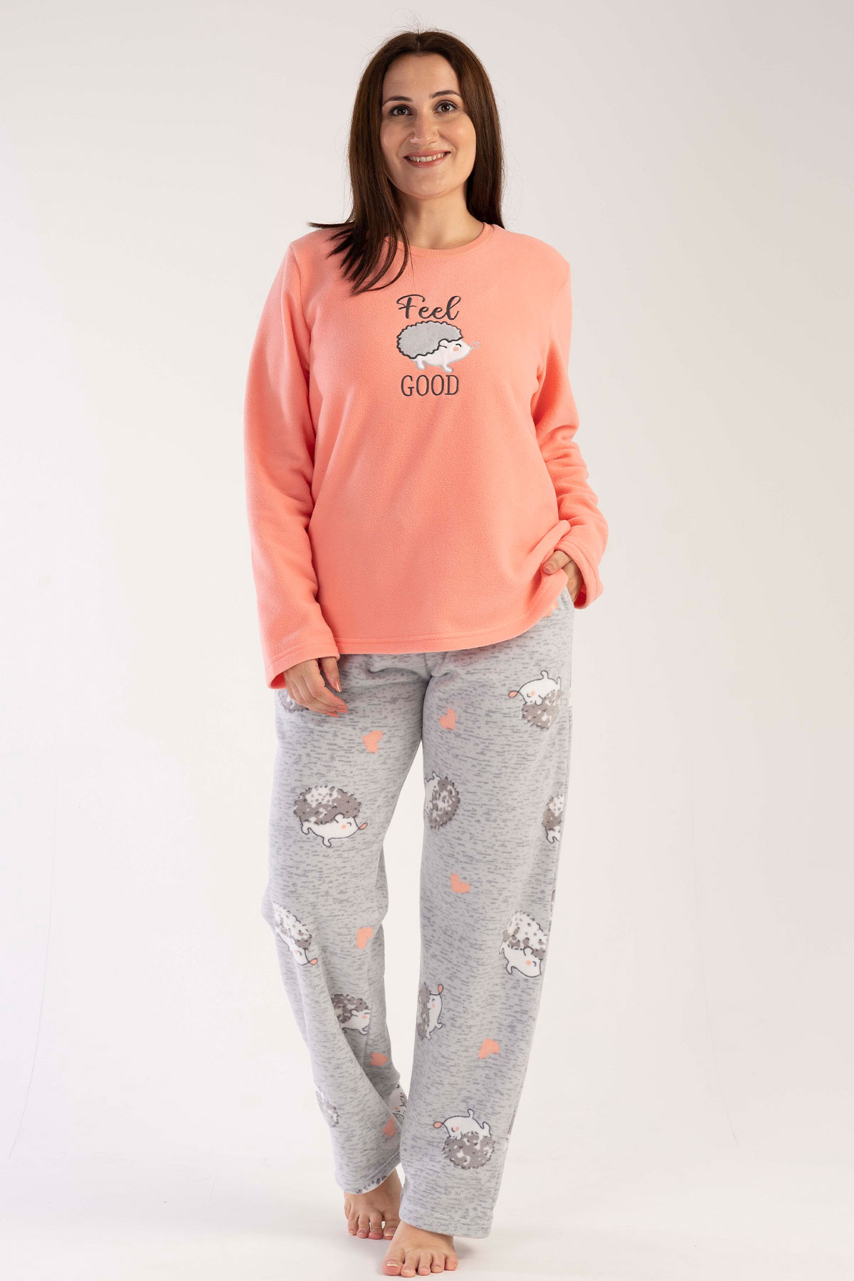 Kadın Polar Büyük Beden Uzun Kol Cepli Pijama Takım
