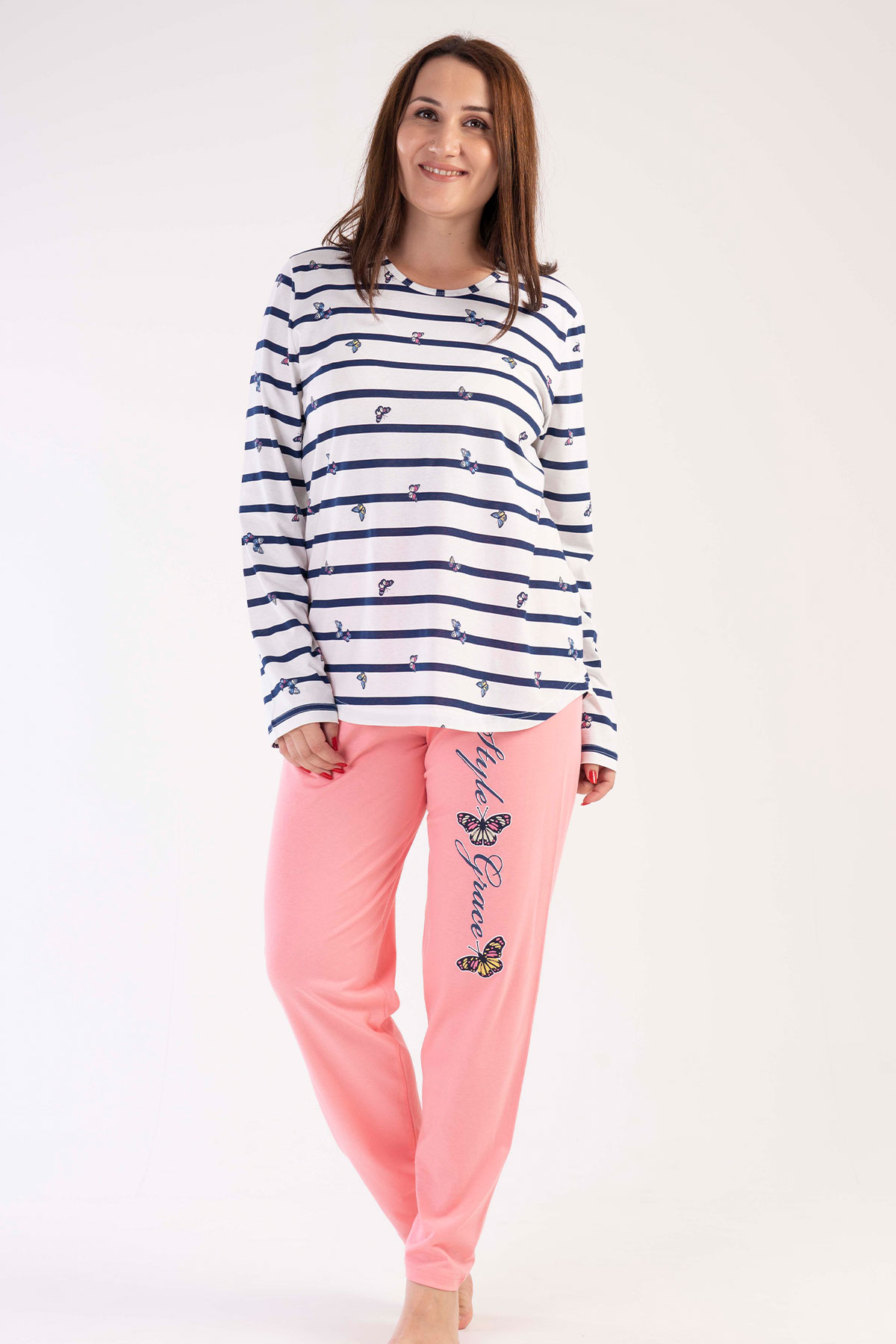 Pamuklu Kadın Büyük Beden Uzun Kol Pijama Takım
