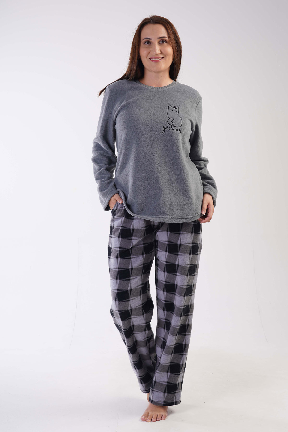 Kadın Polar Büyük Beden Uzun Kol Pijama Takım
