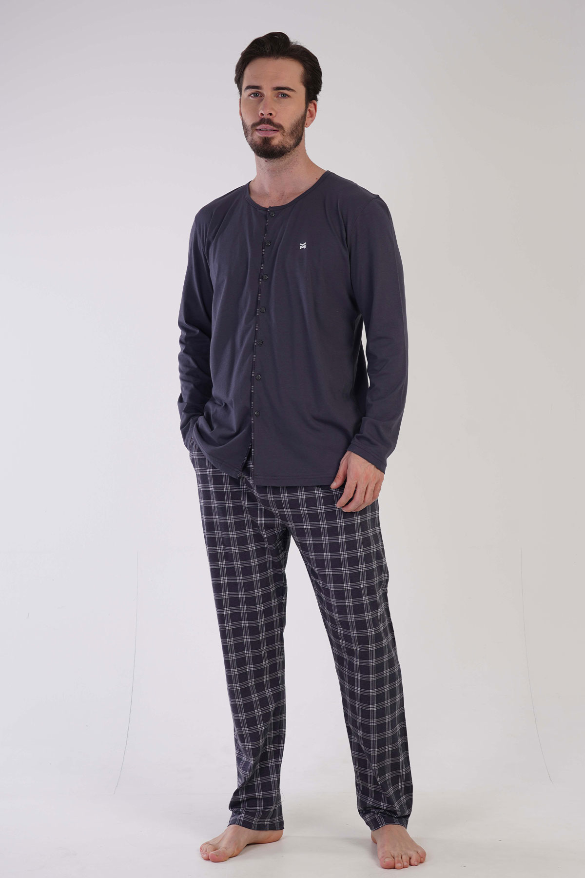 Pamuklu Erkek Tamamı Düğmeli Uzun Kol Pijama Takım
