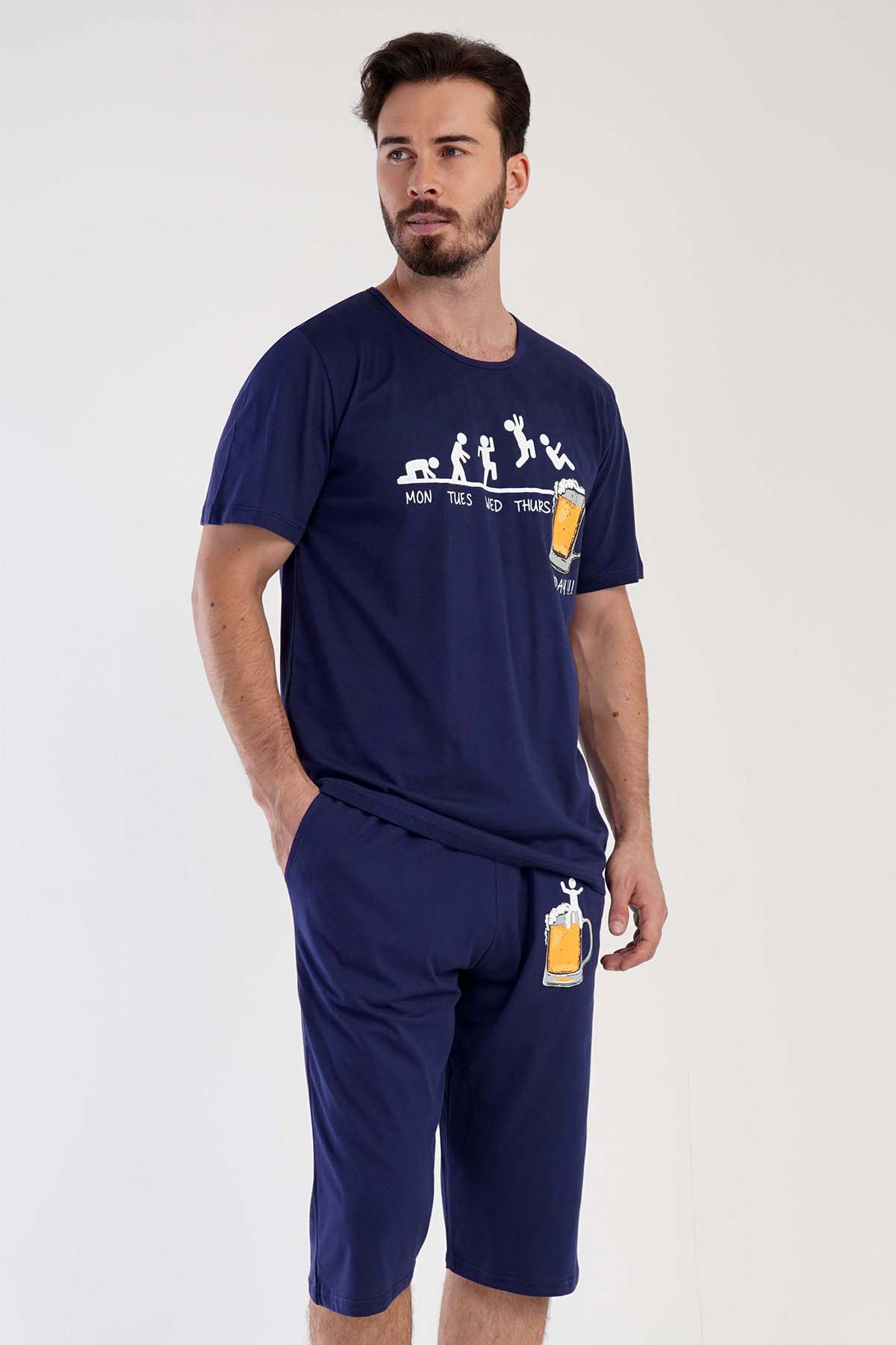 Pamuklu Erkek Kısa Kol Kaprili Pijama Takım

