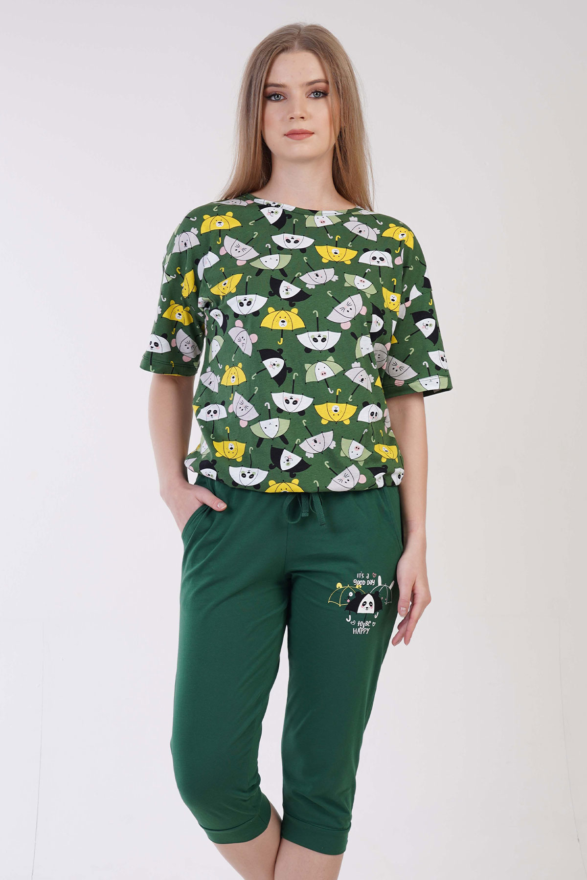 Pamuklu Kadın Düşük Omuzlu Kısa Kol Büzgülü Kaprili Pijama Takım
