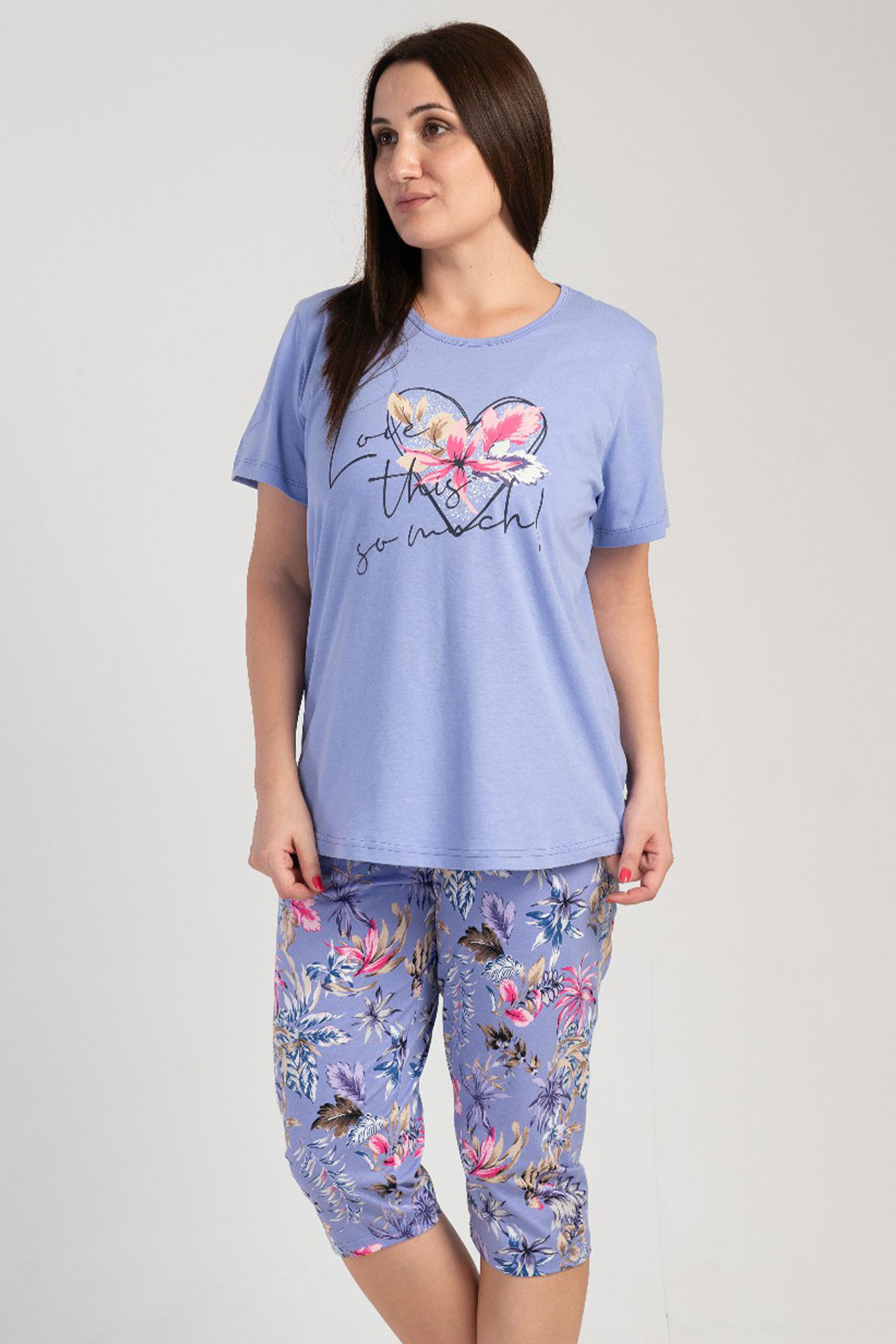 Pamuklu Kadın Büyük Beden Kısa Kol Kaprili Pijama Takım
