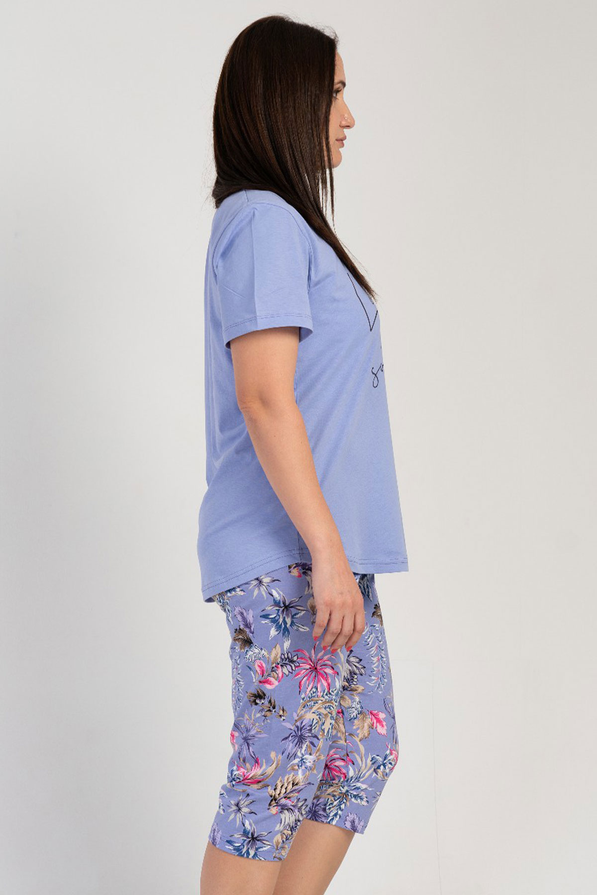 Pamuklu Kadın Büyük Beden Kısa Kol Kaprili Pijama Takım
