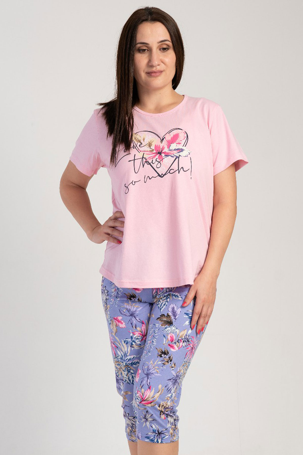 Pamuklu Kadın Büyük Beden Kısa Kol Kaprili Pijama Takım
