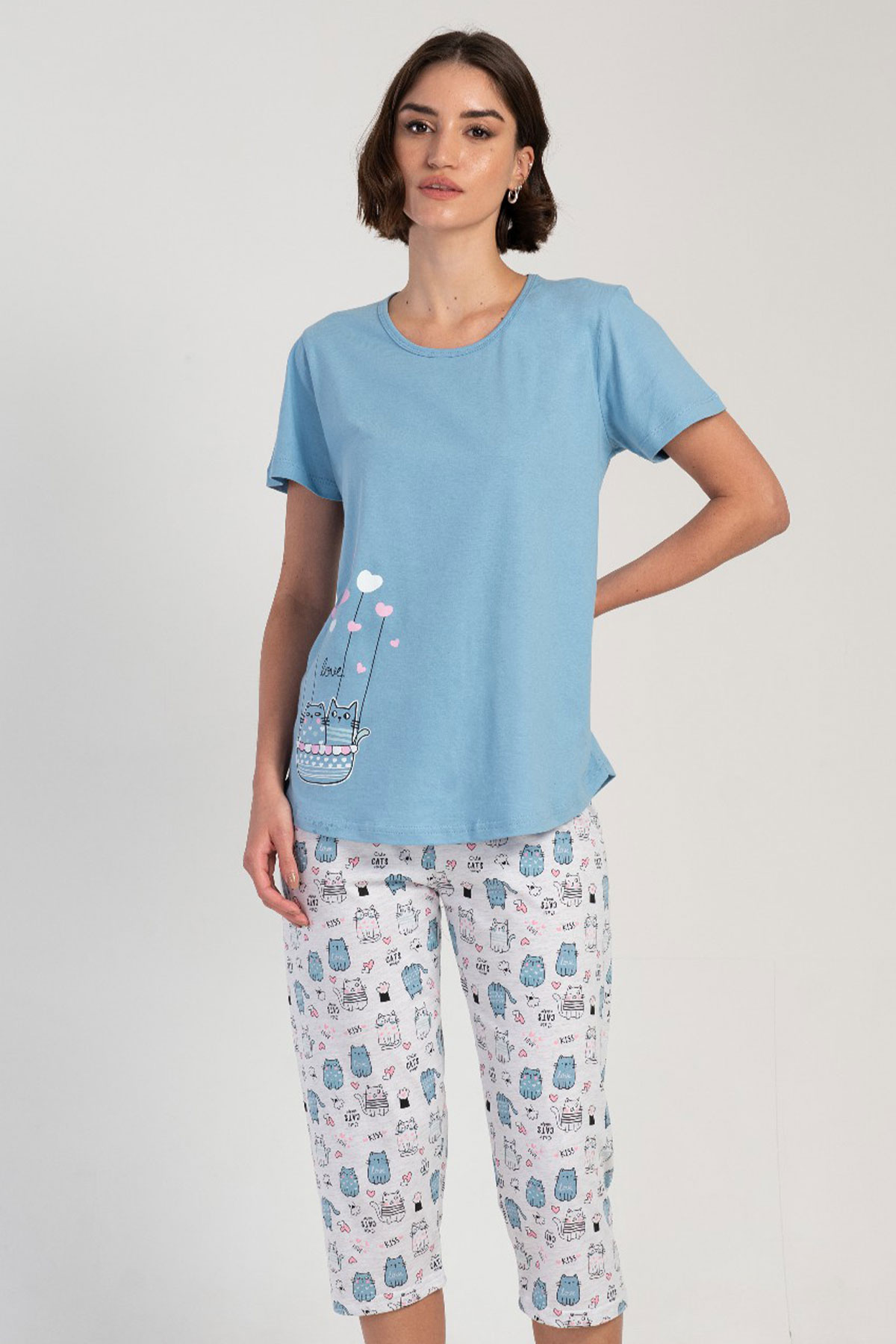 Kadın Kısa Kol Kaprili Pijama Takım
