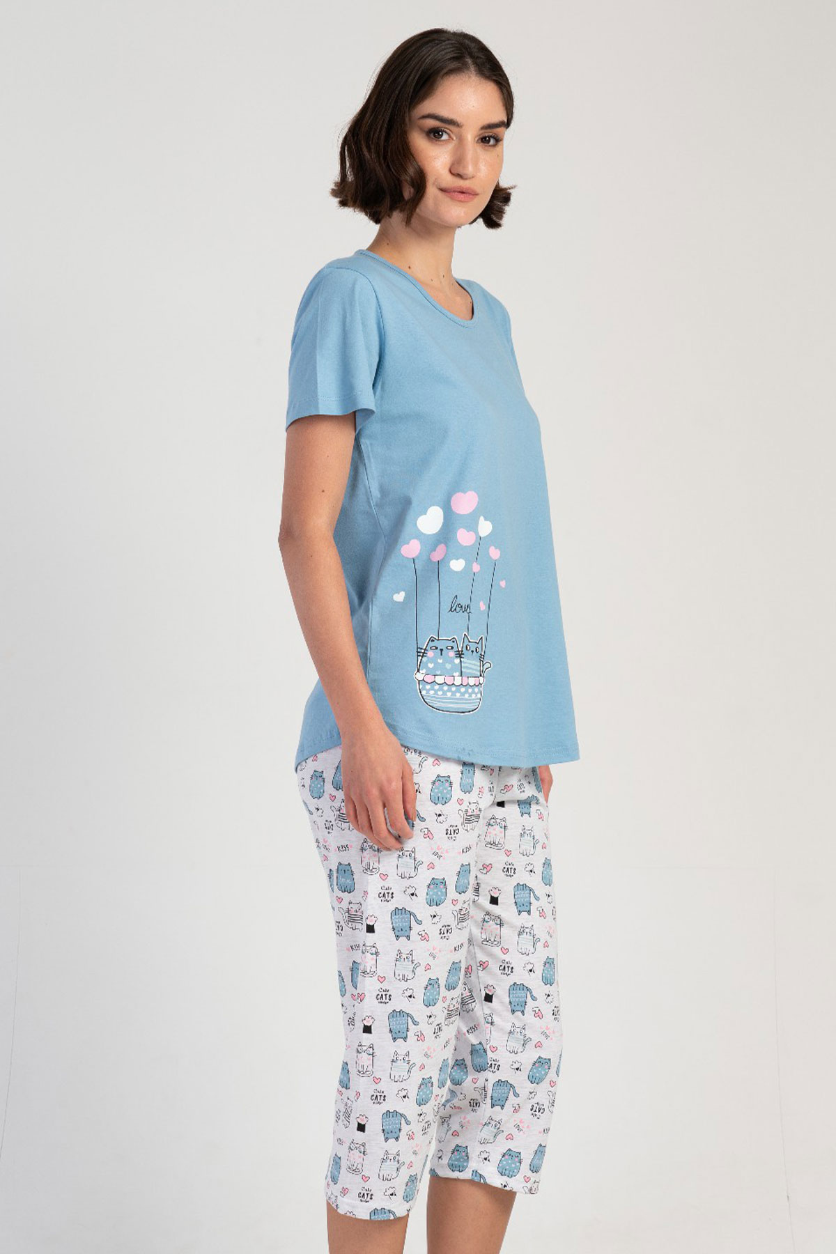Kadın Kısa Kol Kaprili Pijama Takım
